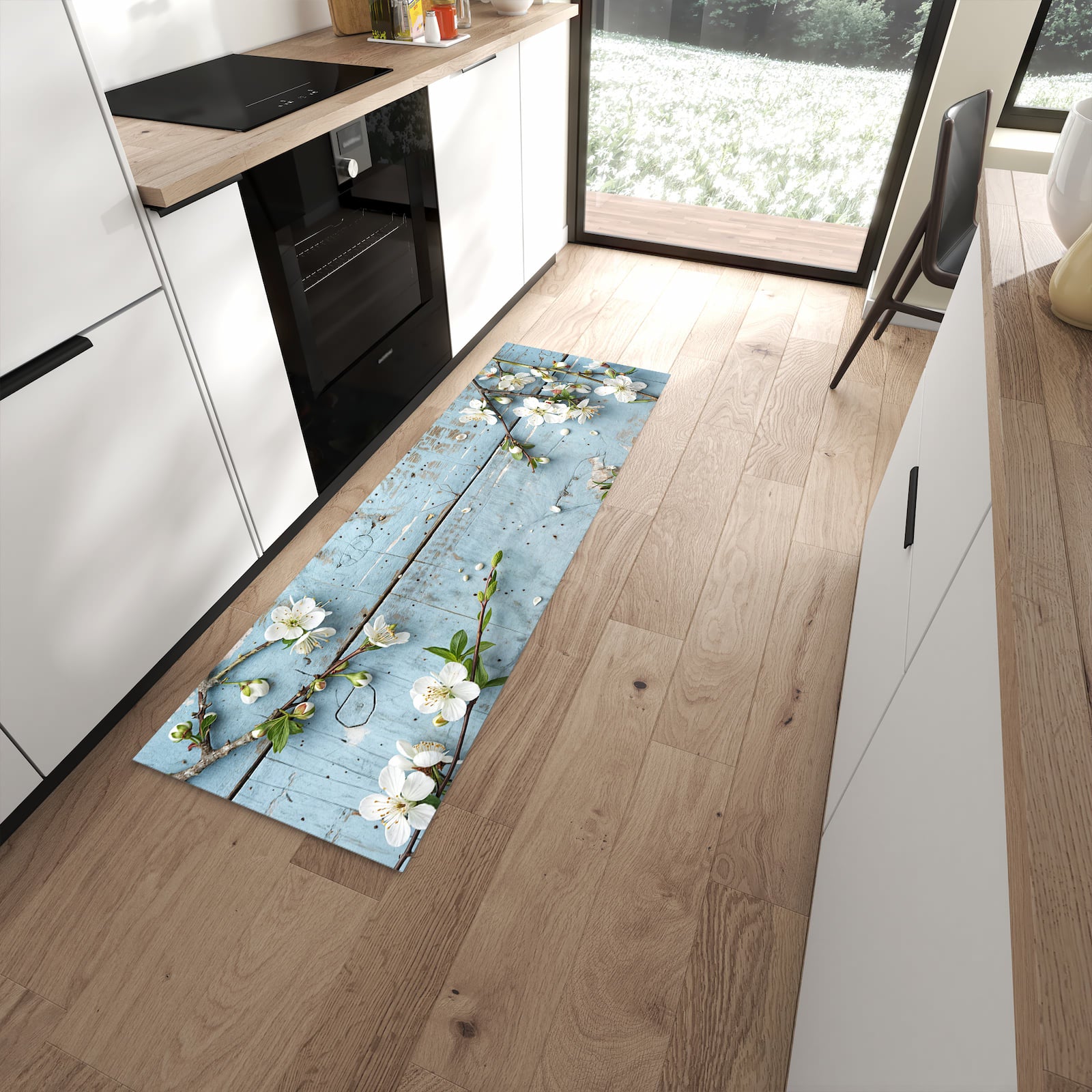 Farbbeständiger rutschfester Küchenläufer mit Motiv Frühlingszweige in moderner Küche