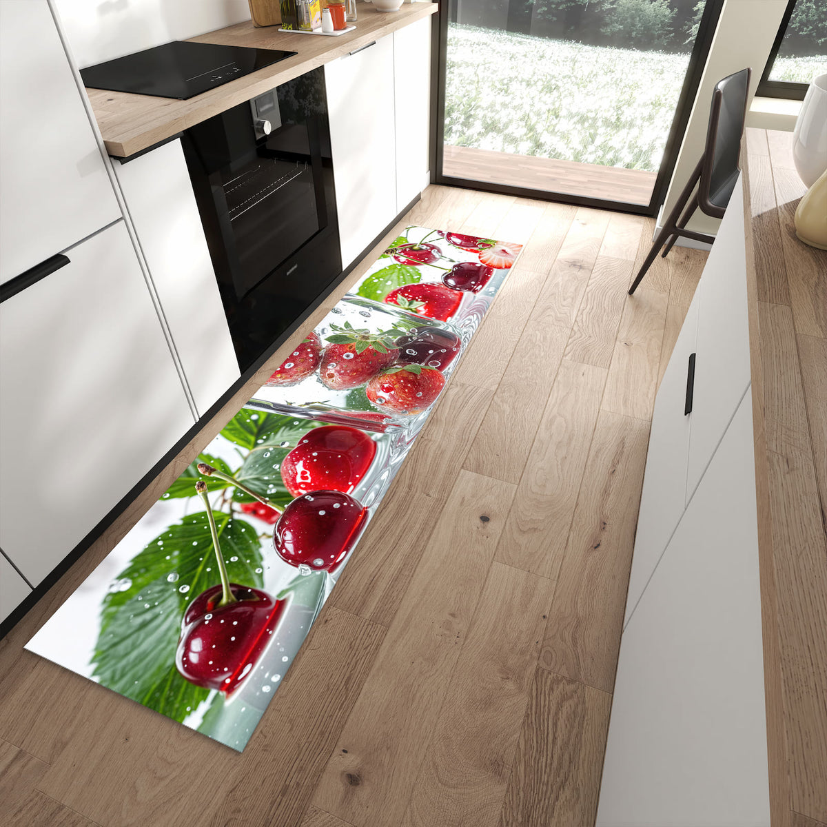 Rutschfester Küchenläufer mit Motiv Erdbeeren und Kirschen in moderner Küche