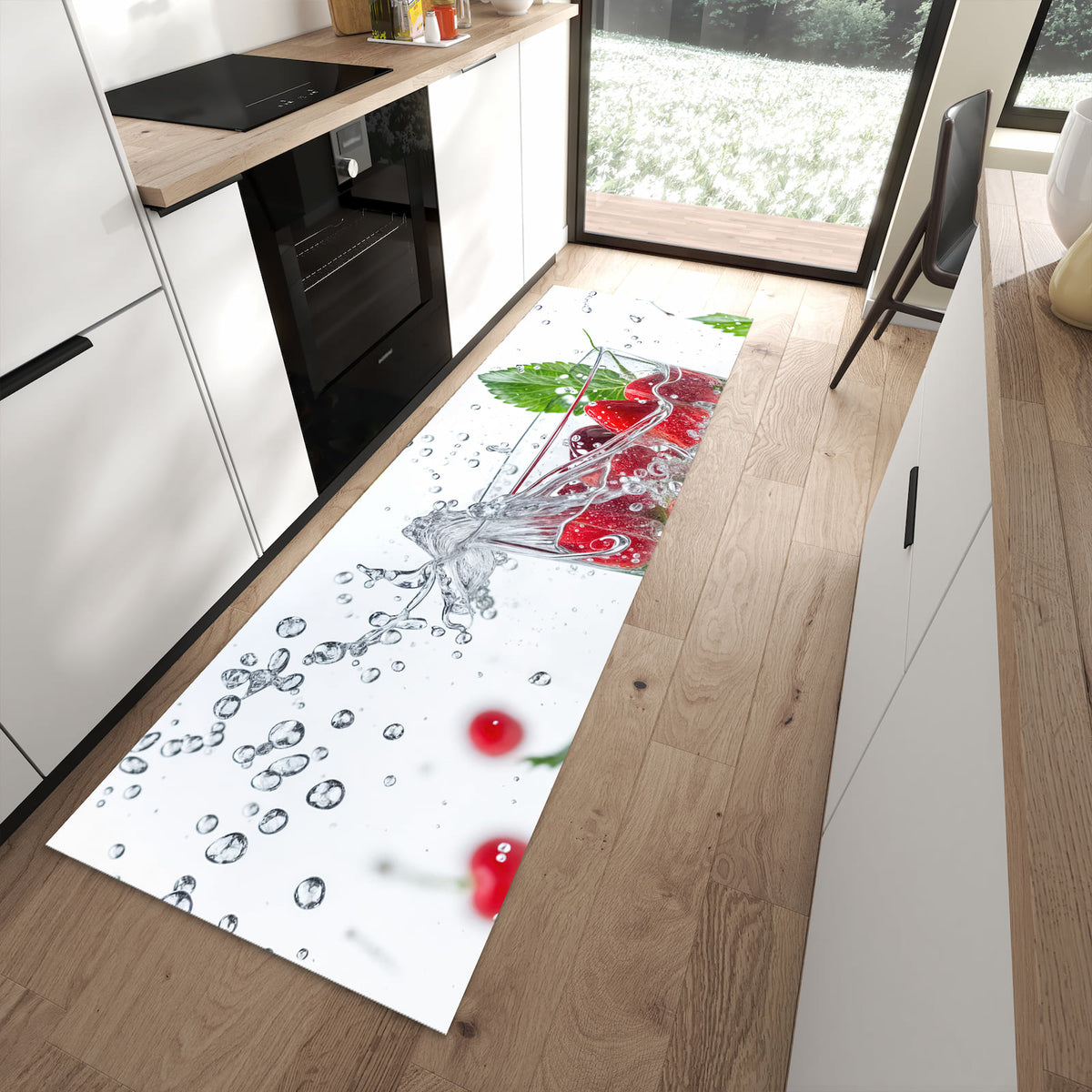 Waschbarer großer Küchenteppich mit Motiv Erdbeeren und Kirschen in moderner Küche