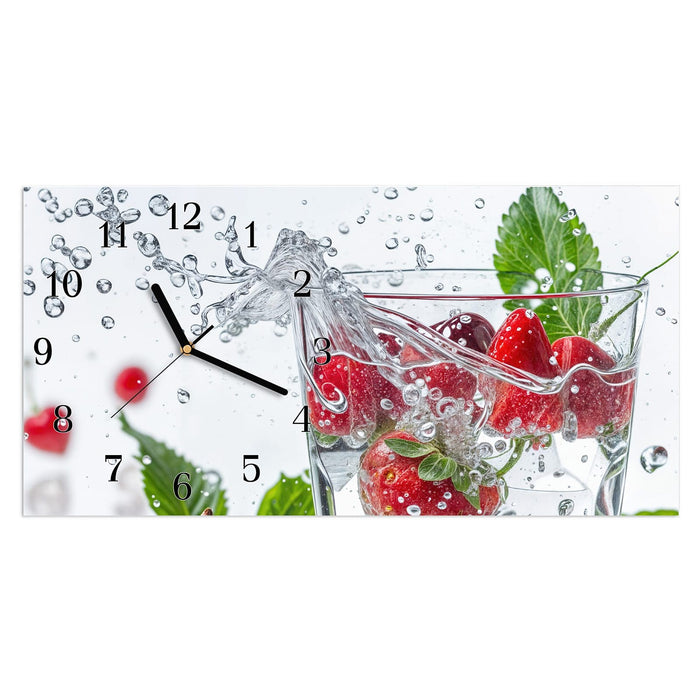 Wanduhr Erdbeeren und Kirschen aus Glas – Querformat 60 × 30 cm mit Ziffernblatt Klassisch