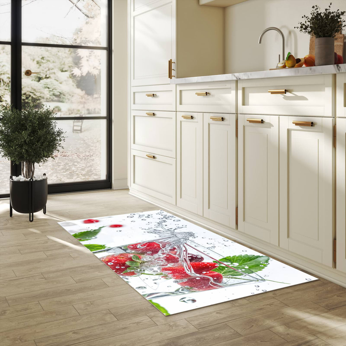 Formstabiler rutschfester Küchenteppich mit Motiv Erdbeeren und Kirschen in heller Küche