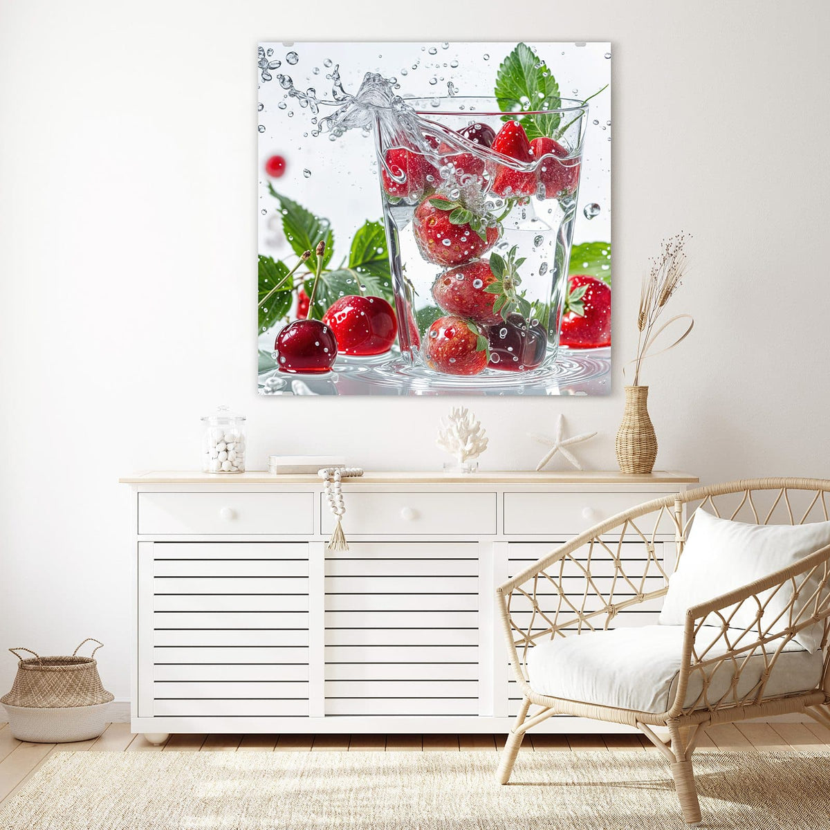 Glasbild Erdbeeren und Kirschen an der Wand – Erdbeeren und Kirschen fallen in ein Wasserglas, ringsum Spritzer und grüne Blätter