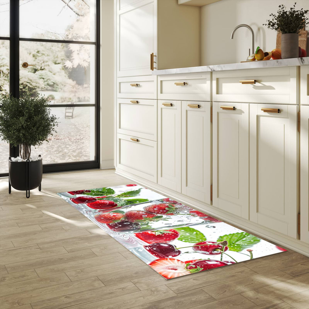 Bodenschonender Bodenläufer-Teppich mit Motiv Erdbeeren und Kirschen in heller Küche
