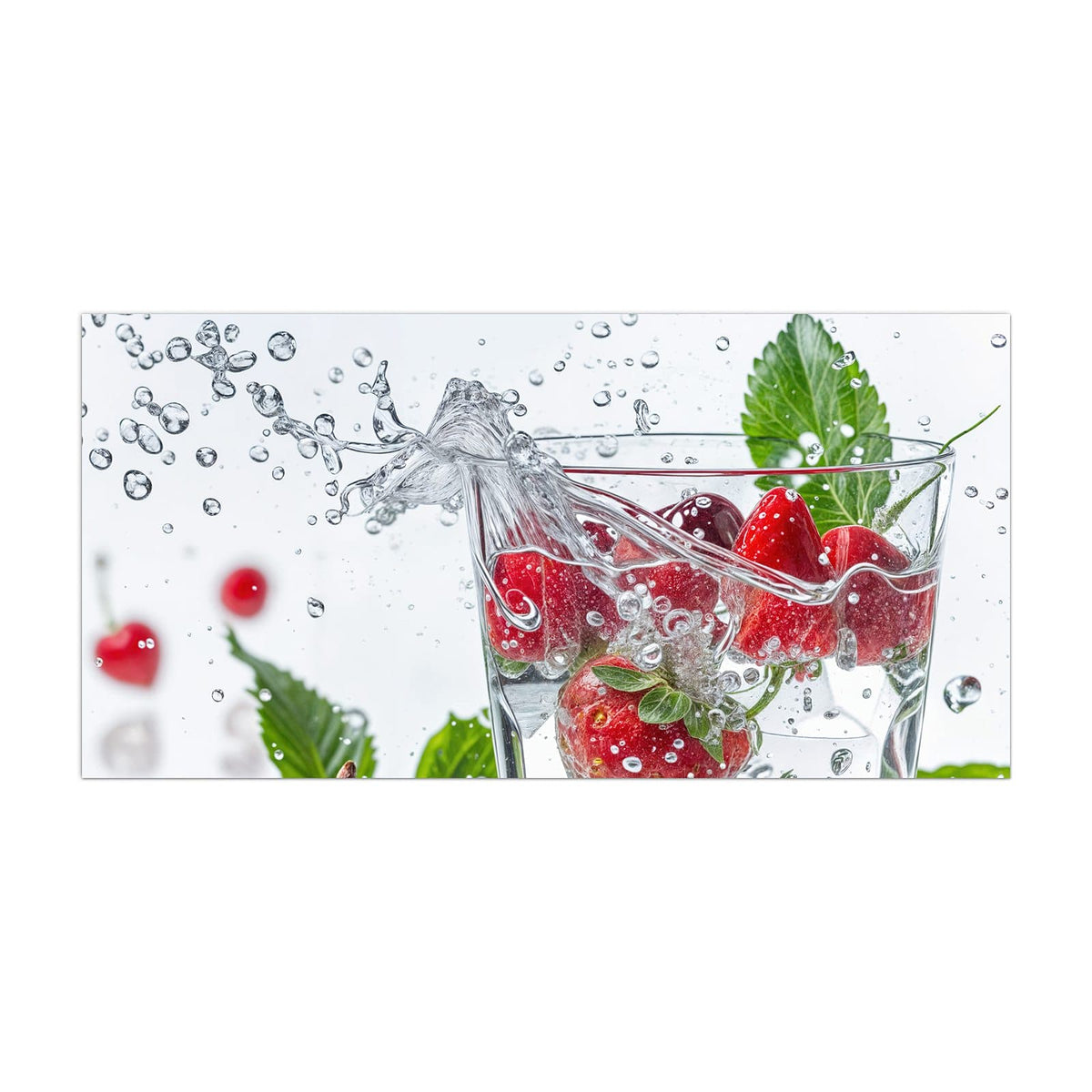 Küchenrückwand aus Glas Erdbeeren und Kirschen im Hochformat, Motiv bildfüllend von vorn