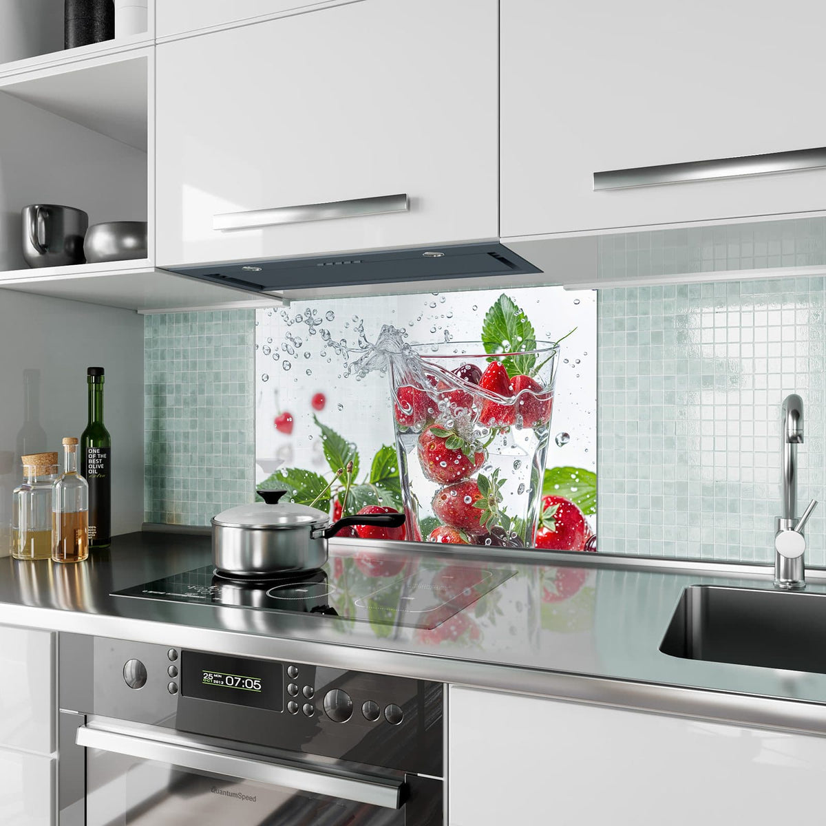 Küchenrückwand aus Glas Erdbeeren und Kirschen im Hochformat als Spritzschutz hinter dem Kochfeld, über dem Fliesenspiegel montiert