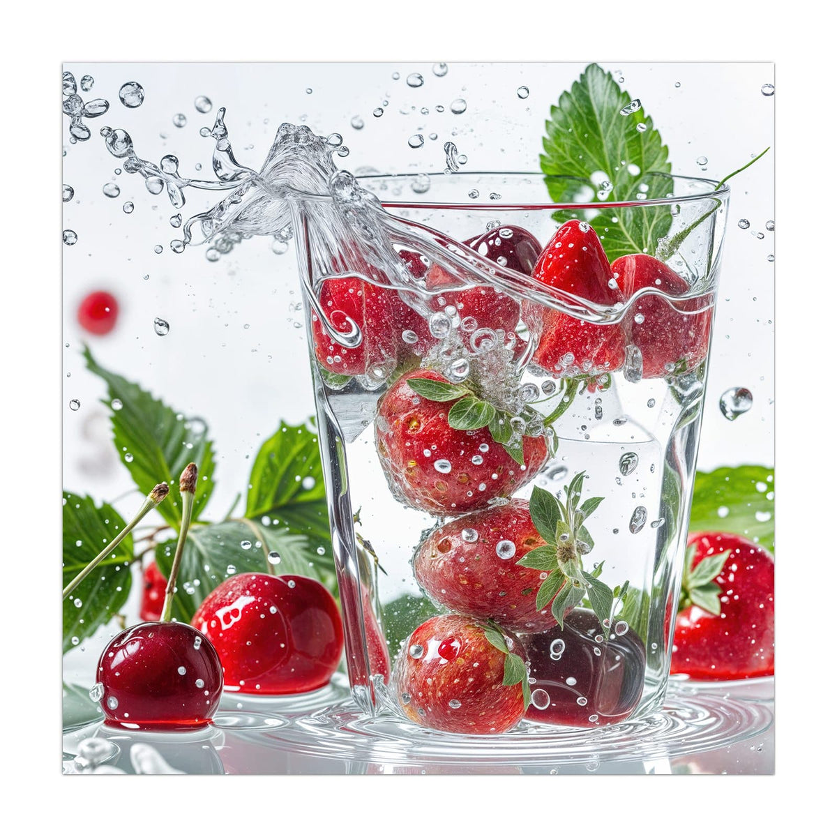 Küchenrückwand aus Glas Erdbeeren und Kirschen im quadratischen Format, Motiv bildfüllend von vorn