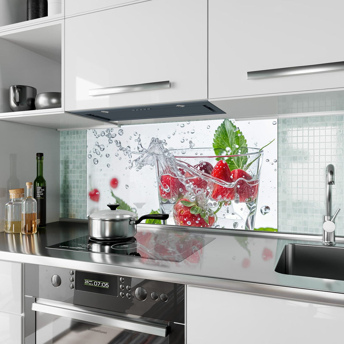 Küchenrückwand aus Glas Erdbeeren und Kirschen im Hochformat als Spritzschutz hinter dem Kochfeld, über dem Fliesenspiegel montiert