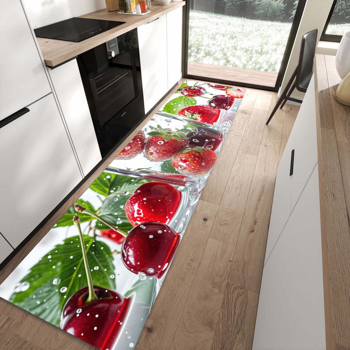 Rutschfester Küchenteppich mit Motiv Erdbeeren und Kirschen in moderner Küche