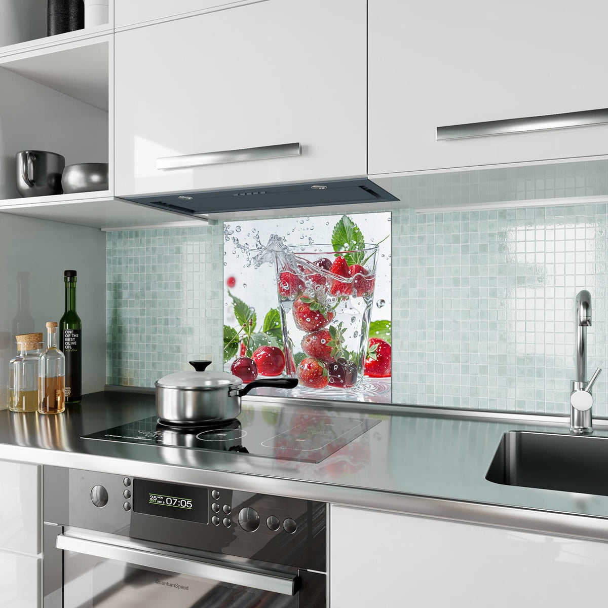 Küchenrückwand Erdbeeren und Kirschen aus Glas – Früchte sprudeln im Wasserglas