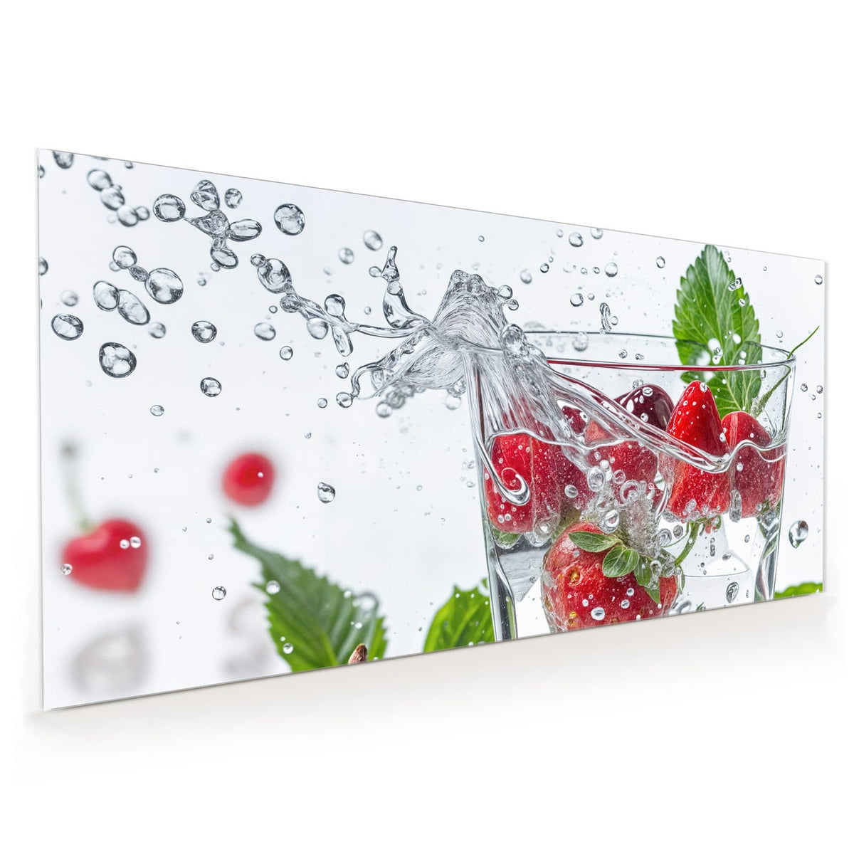 Küchenrückwand aus Glas im Hochformat: Erdbeeren und Kirschen fallen in ein Wasserglas, ringsum Spritzer und grüne Blätter