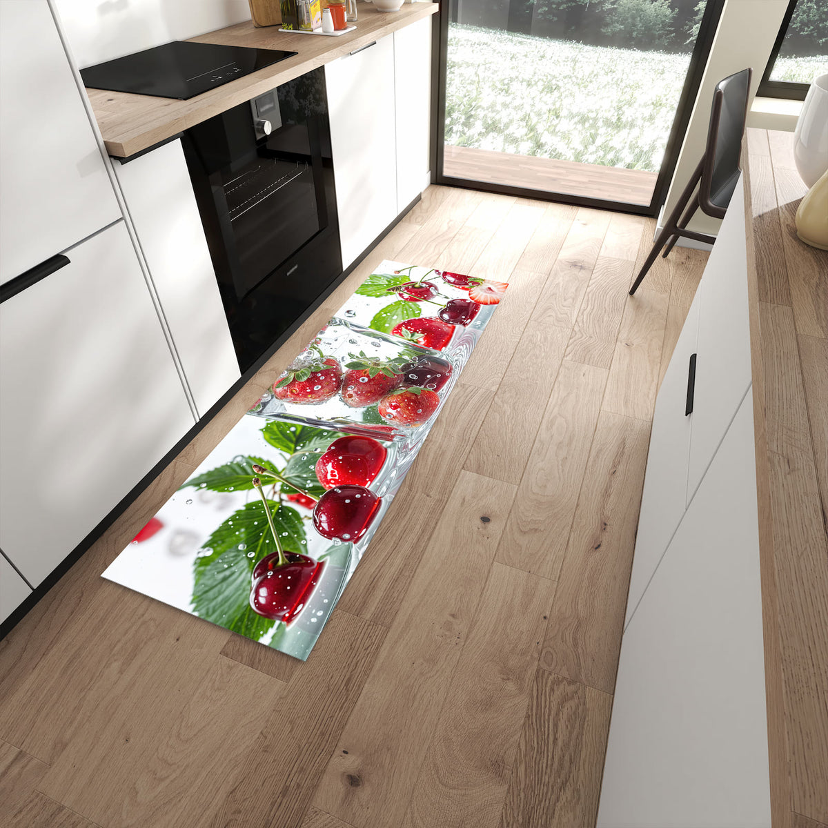 Komfortabler waschbarer Küchenteppich mit Motiv Erdbeeren und Kirschen in moderner Küche