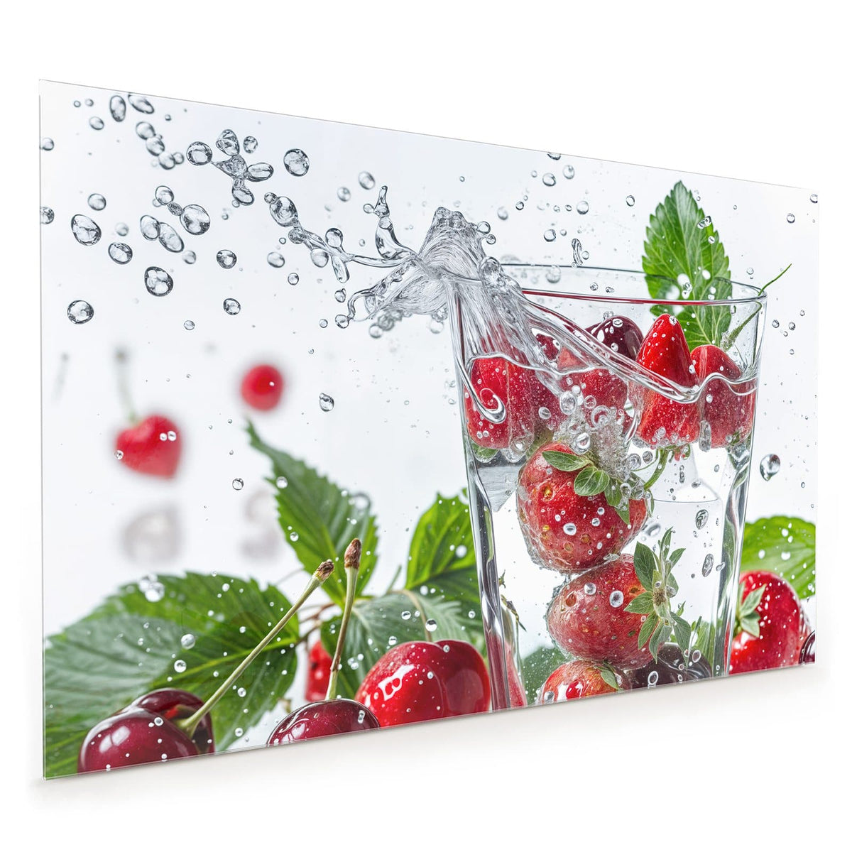 Küchenrückwand aus Glas im Hochformat: Erdbeeren und Kirschen fallen in ein Wasserglas, ringsum Spritzer und grüne Blätter