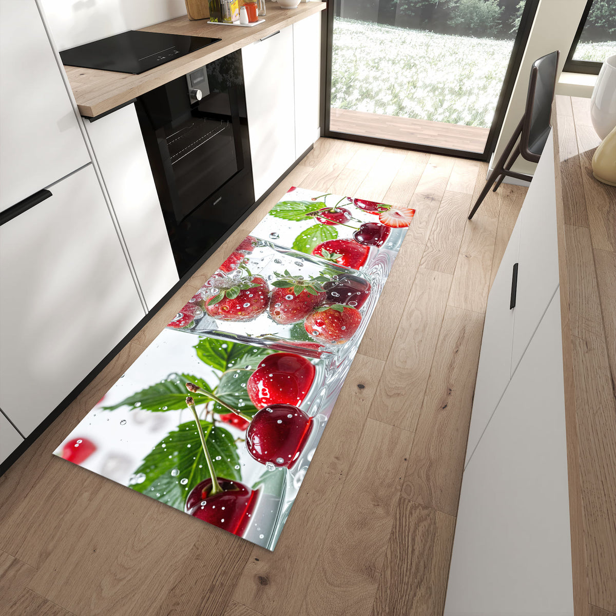 Strapazierfähiger waschbarer Küchenteppich mit Motiv Erdbeeren und Kirschen in moderner Küche