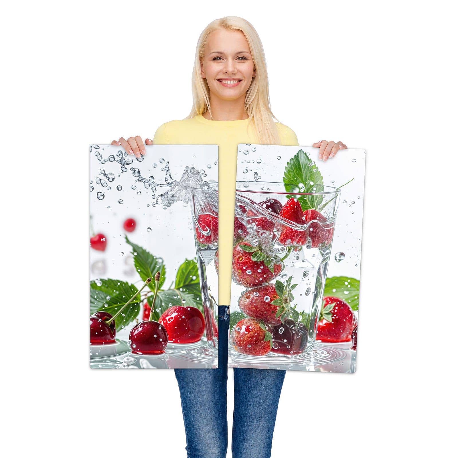2-teilige Herdabdeckplatten mit Erdbeeren und Kirschen-Motiv wird zur Größendarstellung gehalten