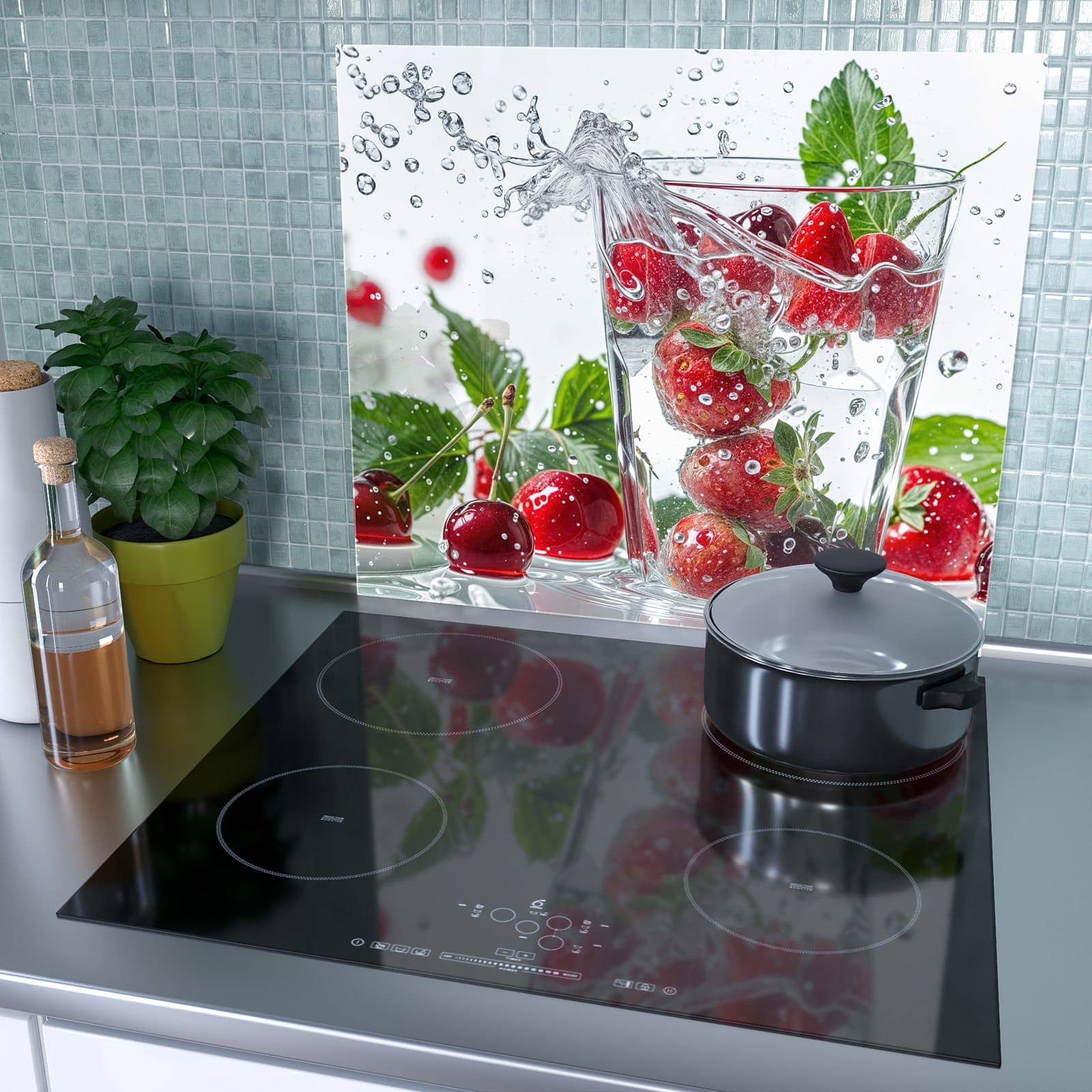 1-teilige Herdabdeckplatten für Ceranfeld mit Erdbeeren und Kirschen-Motiv als Spritzschutz hinter dem Kochfeld