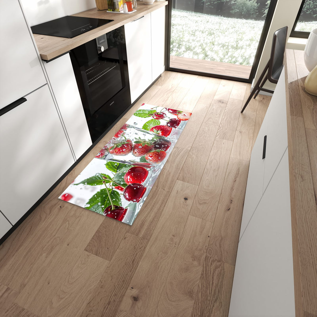 Pflegeleichter Küchenteppich mit Motiv Erdbeeren und Kirschen in moderner Küche #grösse_60 x 150 cm