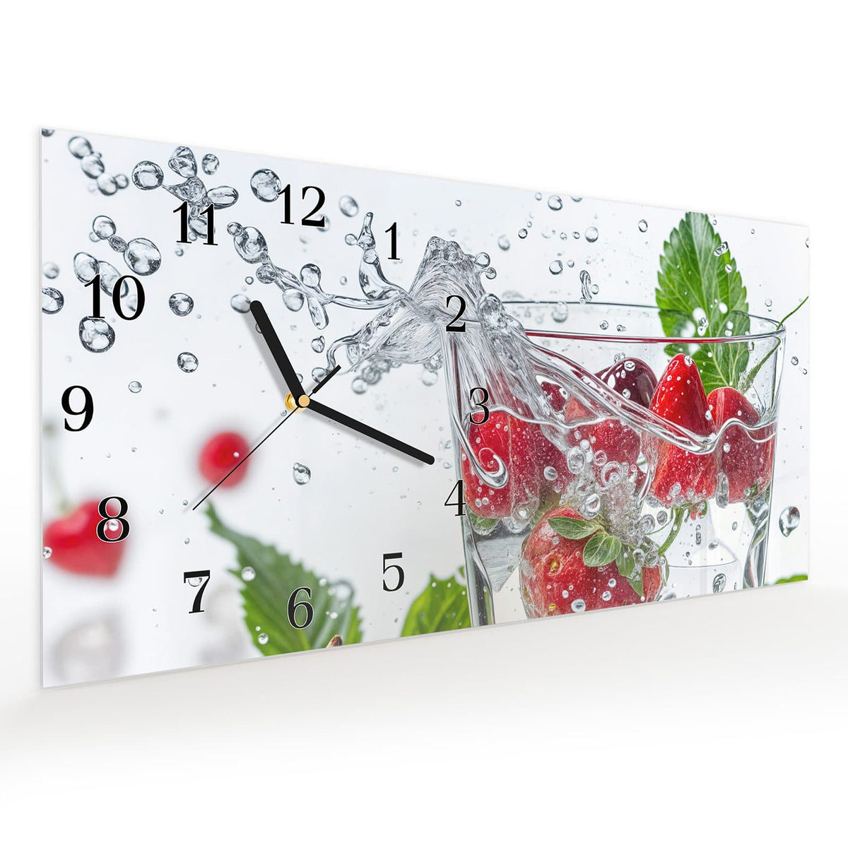 Vormontiert – mit Schwebeeffekt – Wanduhr Erdbeeren und Kirschen aus Glas – Querformat 60 × 30 cm