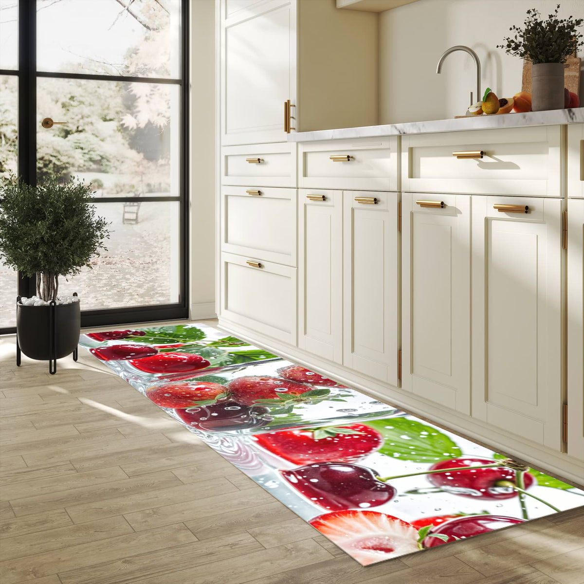 Farbbeständiger Küchenteppich mit Motiv Erdbeeren und Kirschen in heller Küche