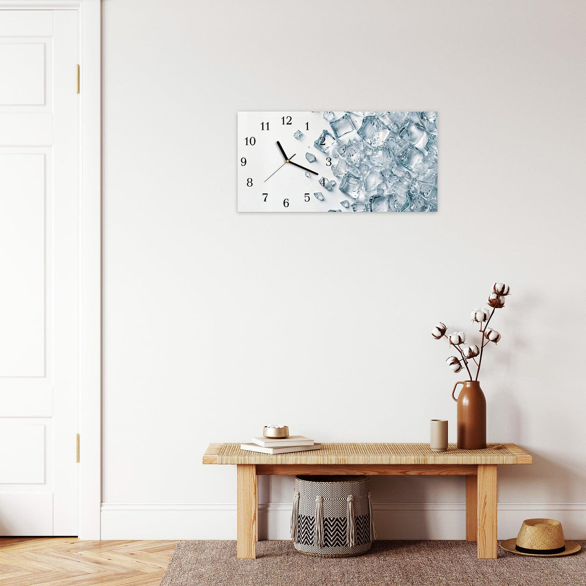Moderne Wanduhr aus Glas mit Farbtiefe – Wanduhr Eiswürfel Haufen aus Glas – Querformat 60 × 30 cm