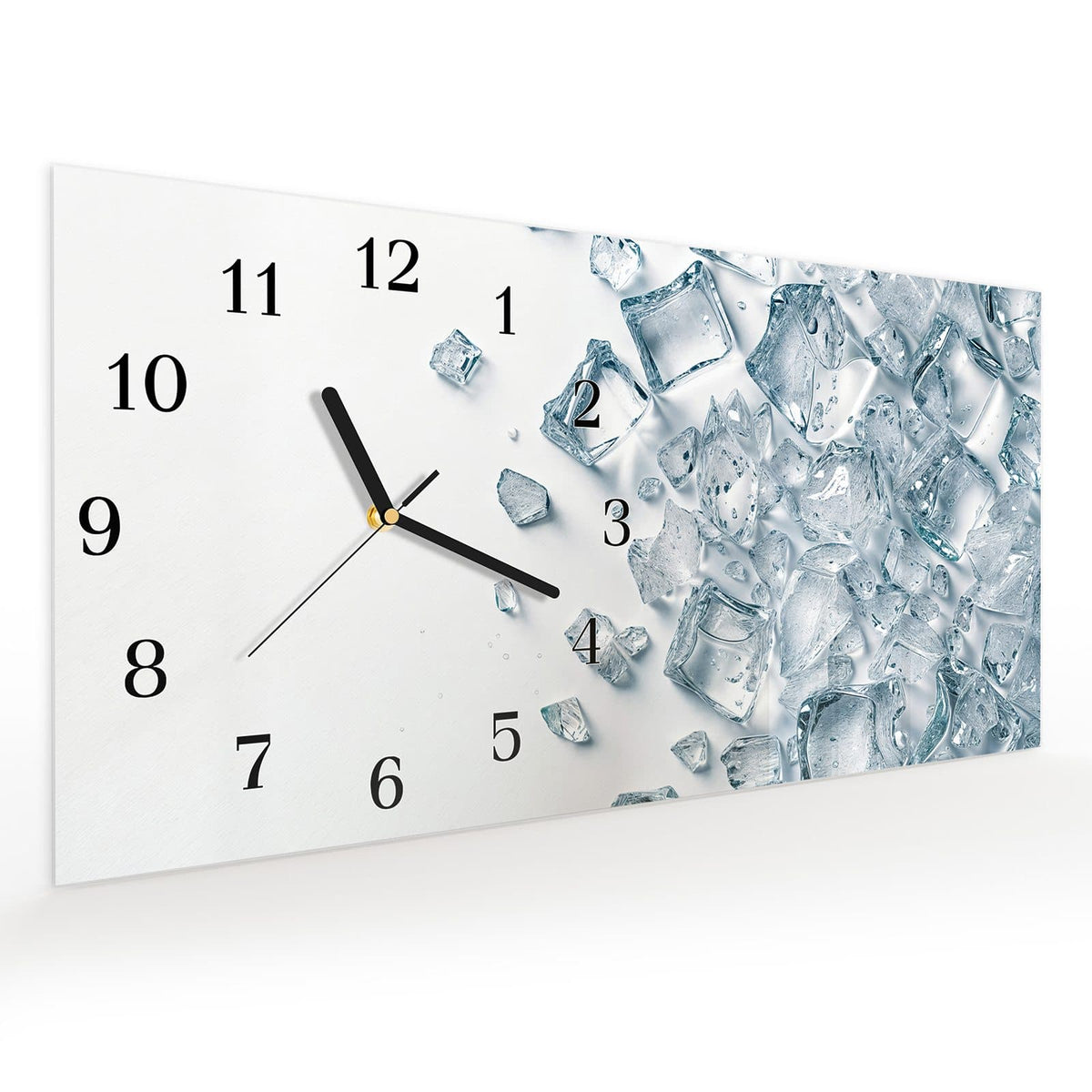Vormontiert – mit Schwebeeffekt – Wanduhr Eiswürfel Haufen aus Glas – Querformat 60 × 30 cm