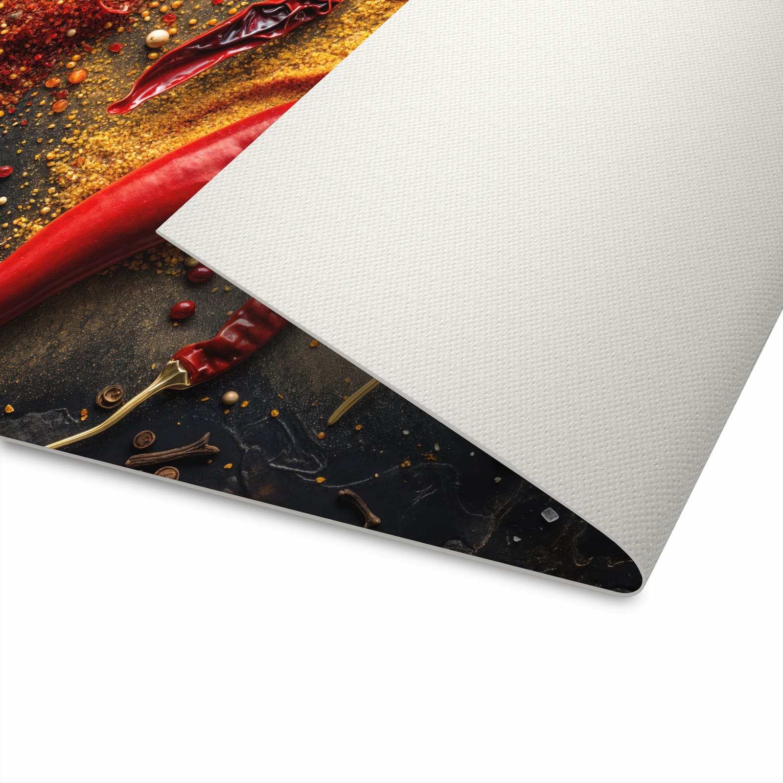 Wasserabweisender Teppich für Esstisch mit Motiv Gewürzmischung ansicht in Unterseite