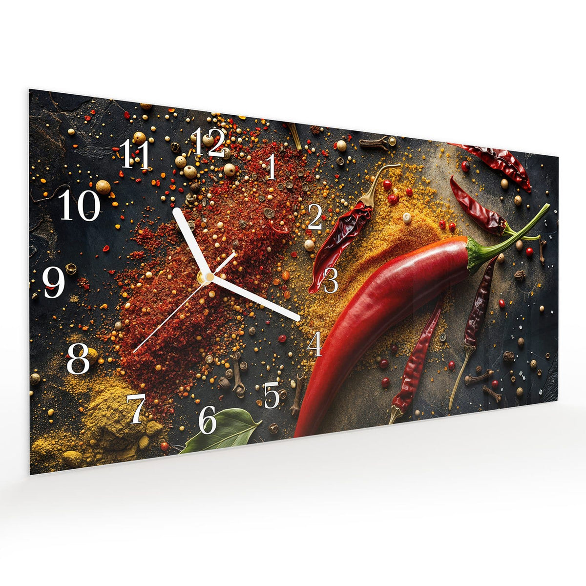 Vormontiert – mit Schwebeeffekt – Wanduhr Gewürzmischung Ansicht aus Glas – Querformat 60 × 30 cm