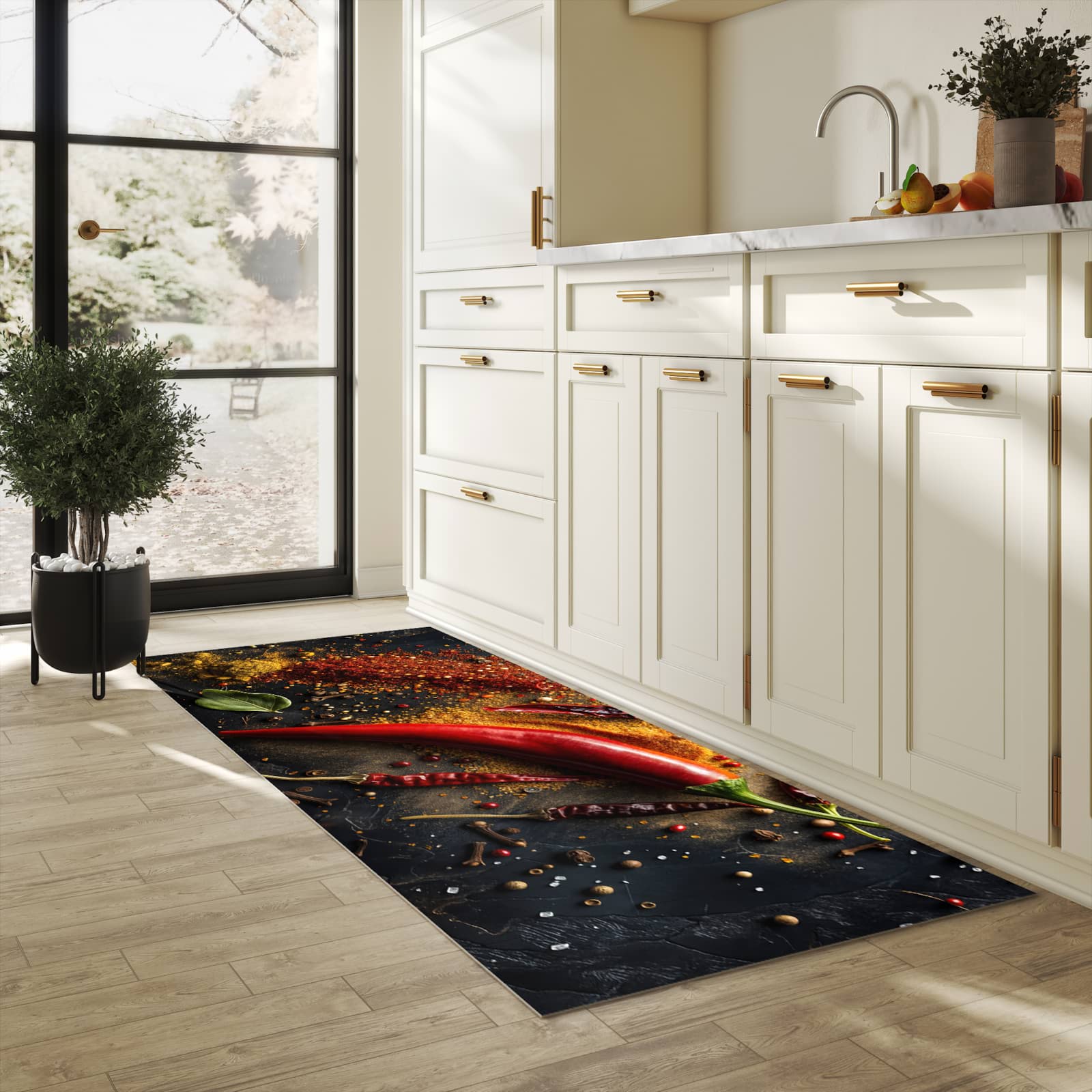 Rutschfester Küchenteppich mit Motiv Gewürzmischung ansicht in heller Küche