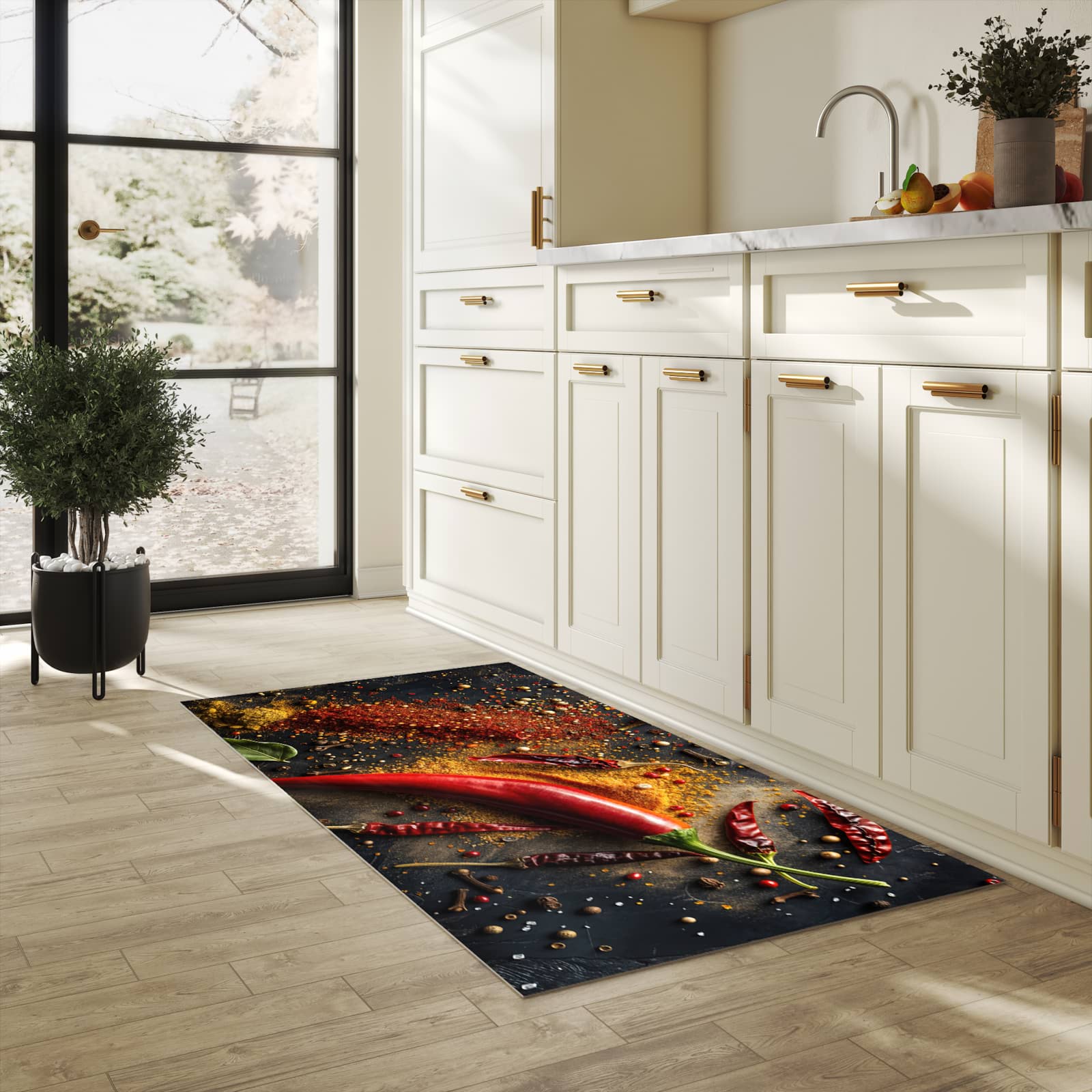 Langlebiger Küchenteppich mit Motiv Gewürzmischung ansicht in heller Küche