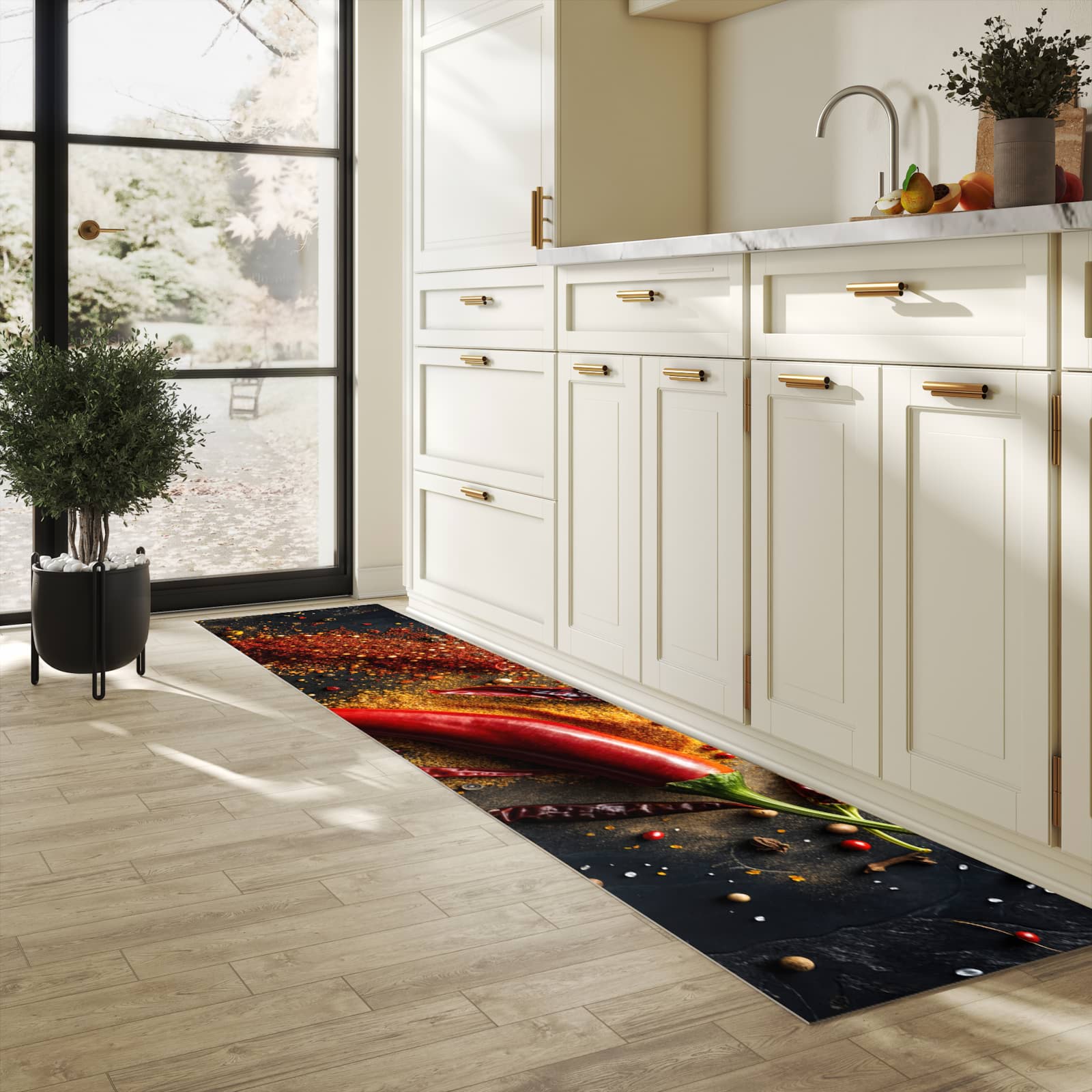 Rutschfester Küchenläufer mit Motiv Gewürzmischung ansicht in heller Küche
