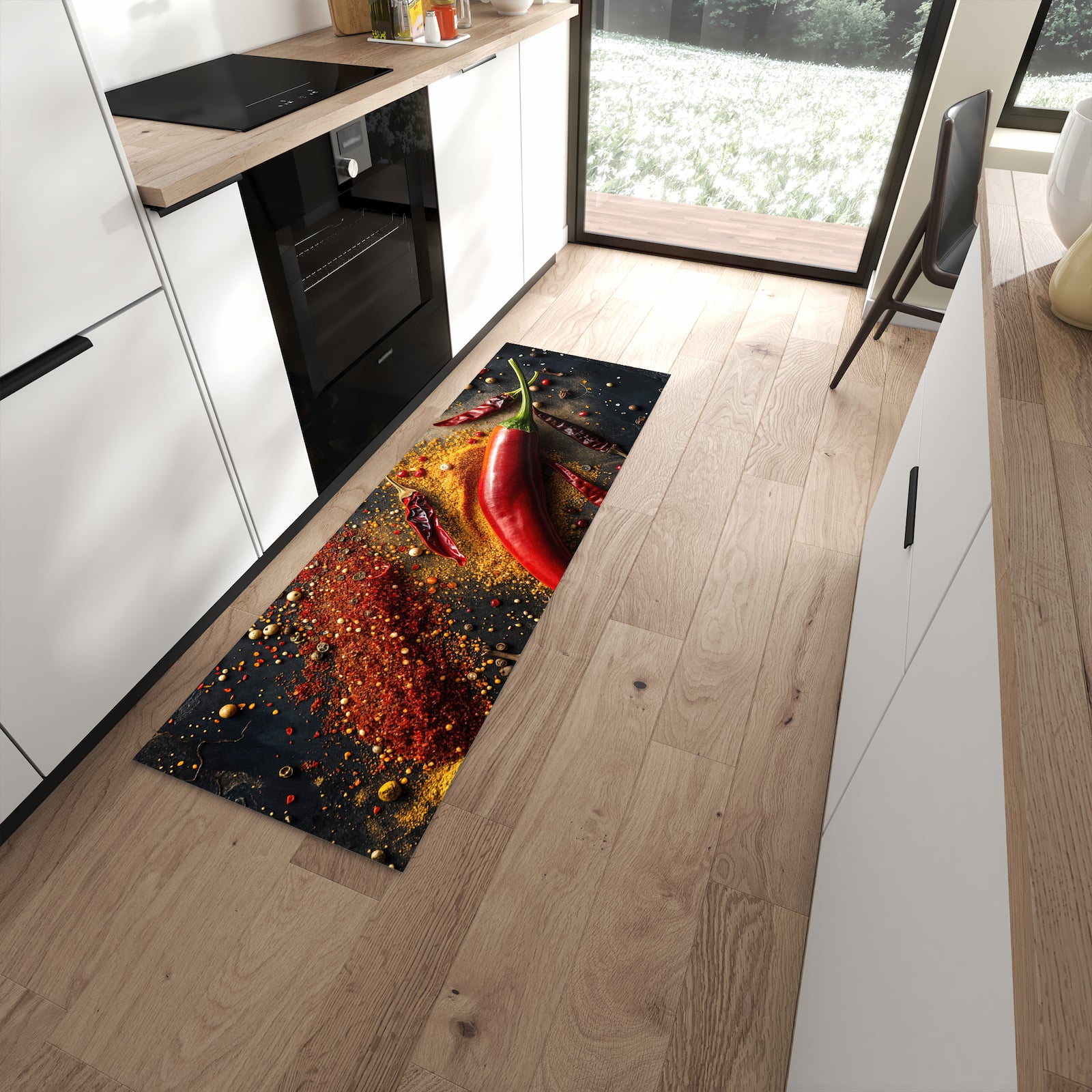 Pflegeleichter Küchenteppich mit Motiv Gewürzmischung ansicht in moderner Küche