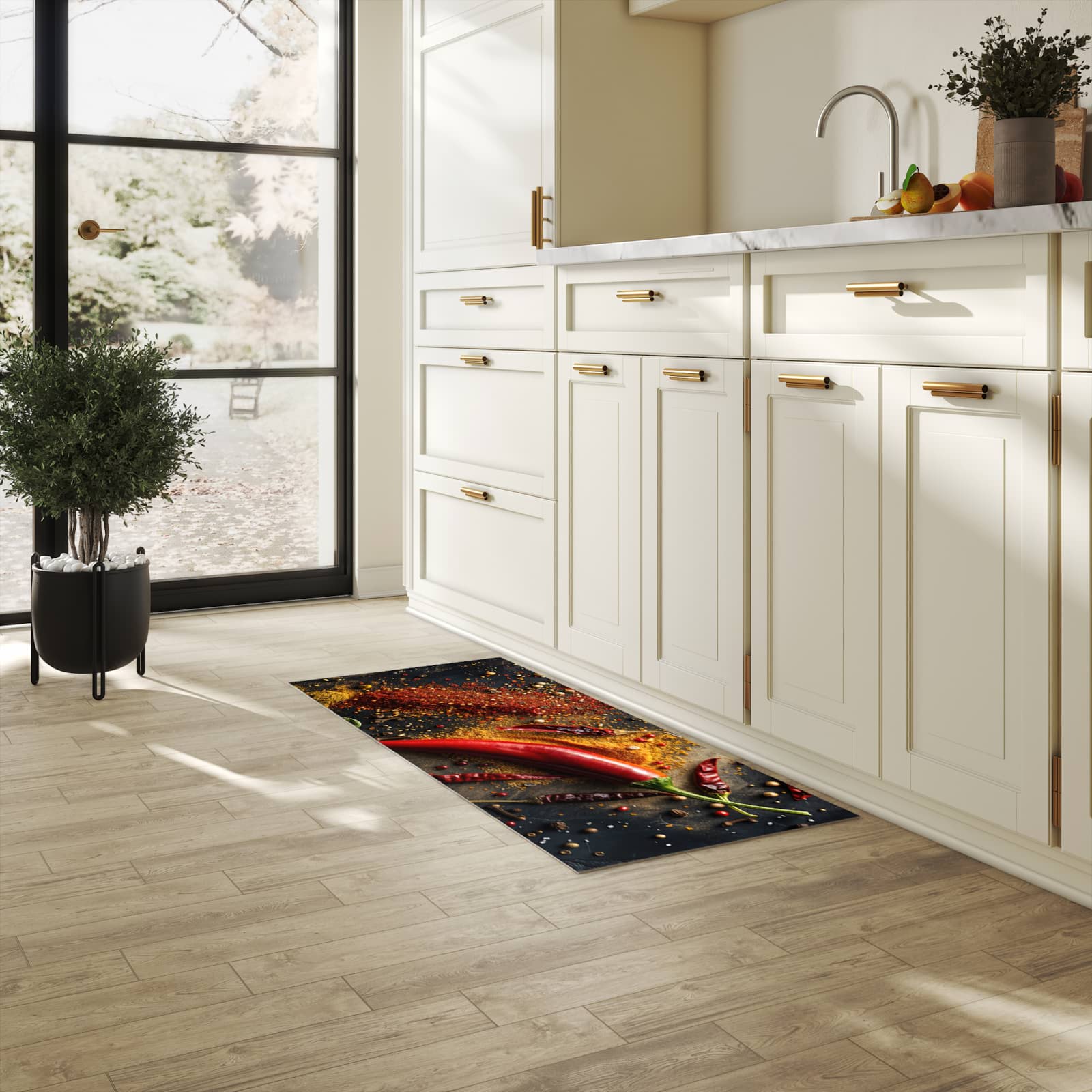 Langlebiger, waschbarer Küchenläufer mit Motiv Gewürzmischung ansicht in heller Küche