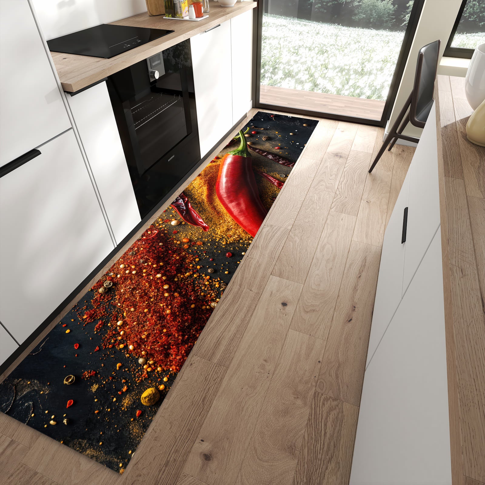 Strapazierfähiger Läufer für die Küche mit Motiv Gewürzmischung ansicht in moderner Küche