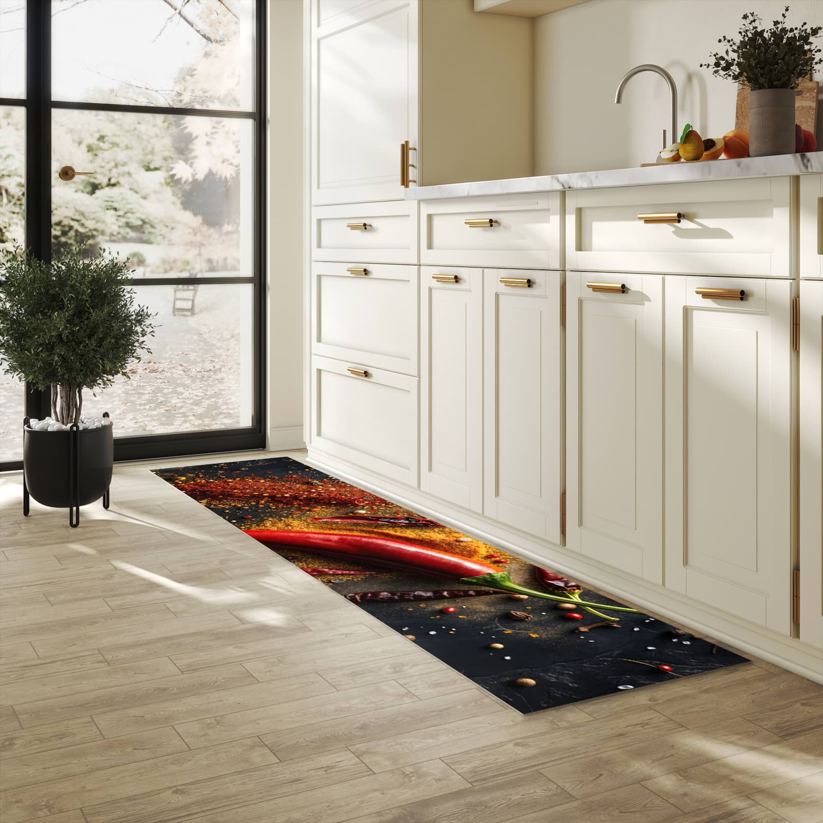 Komfortabler abwaschbarer Küchenteppich mit Motiv Gewürzmischung ansicht in heller Küche