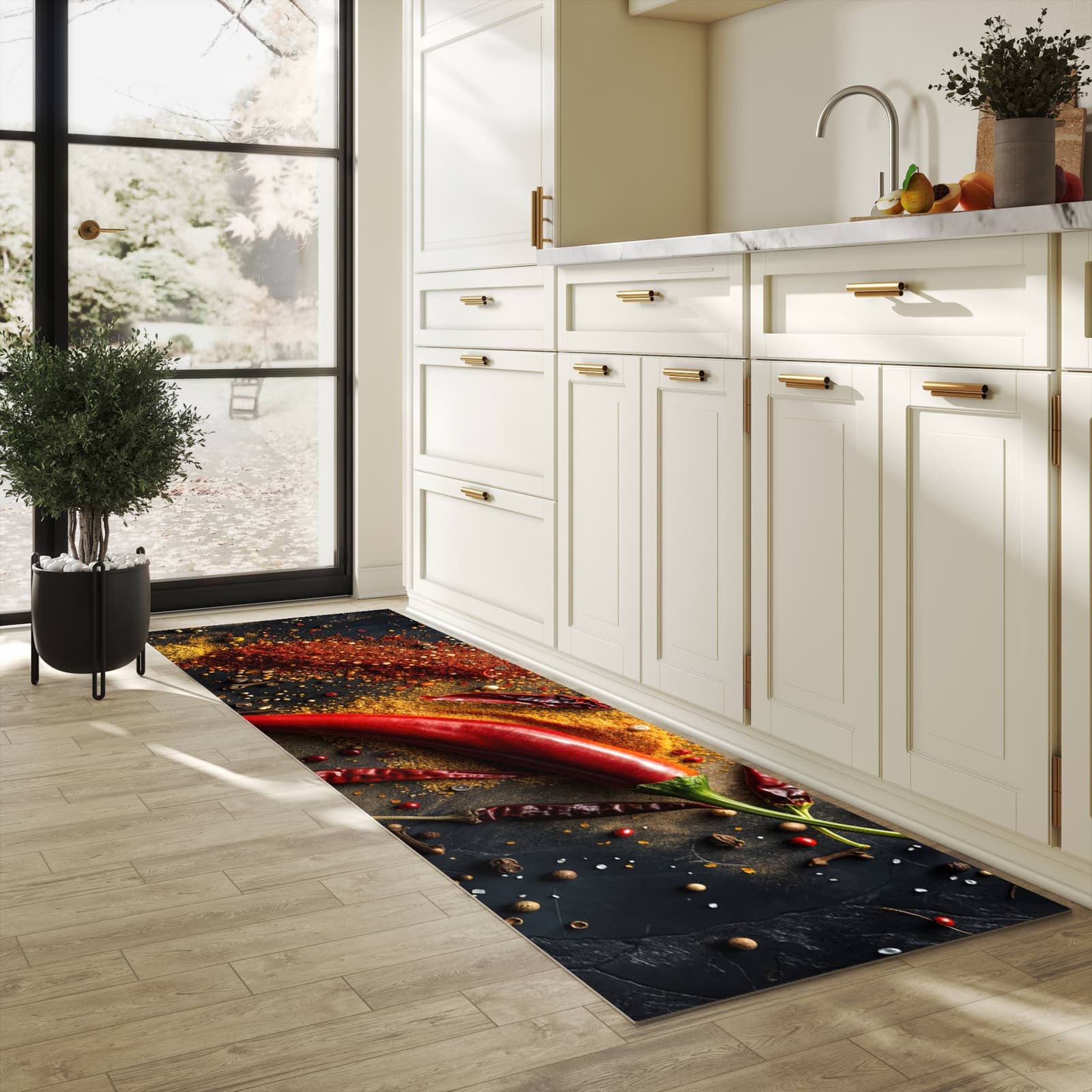 Strapazierfähiger Küchenteppich mit Motiv Gewürzmischung ansicht in heller Küche
