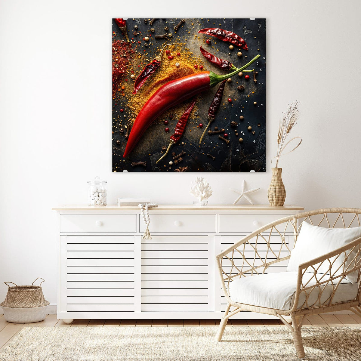Echtglas, 4 mm – kein Acryl, keine Folie – Wandbild - Chili mit Gewürzen - Quadratisch