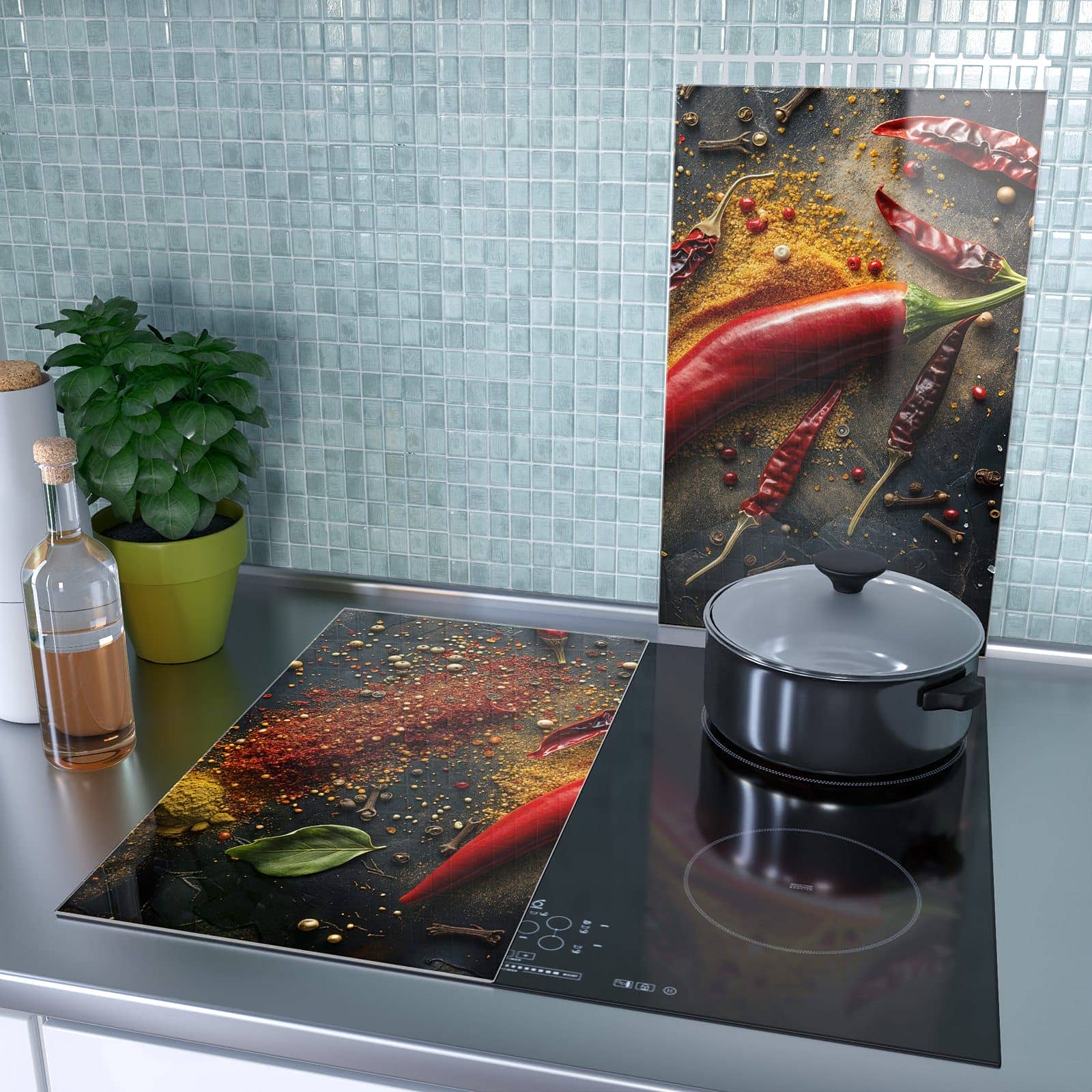 2-teilige Glasabdeckplatte für Ceranfeld mit Gewürzmischung Ansicht-Motiv als Spritzschutz hinter dem Kochfeld