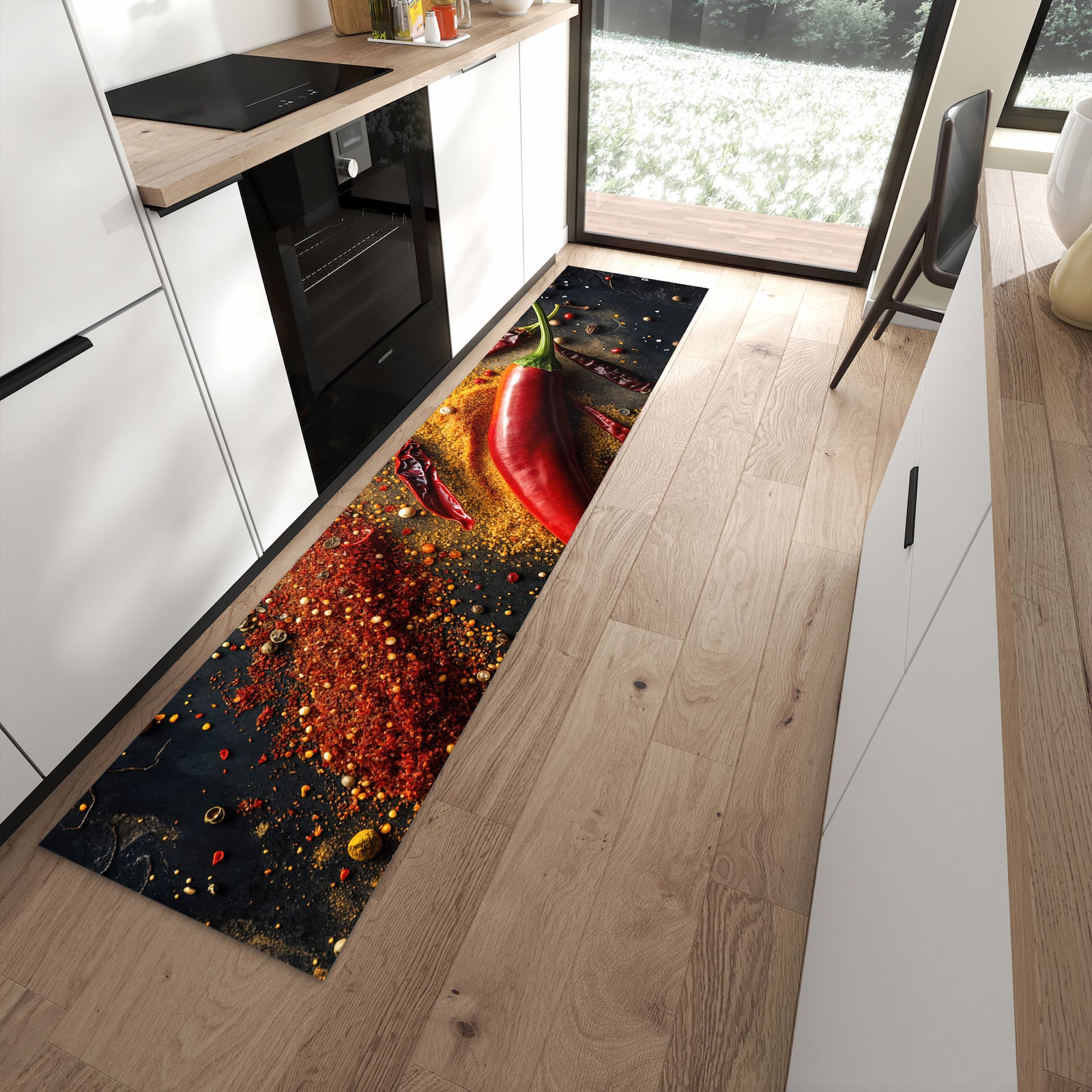 Hygienischer Küchenteppich mit Motiv Gewürzmischung ansicht in moderner Küche