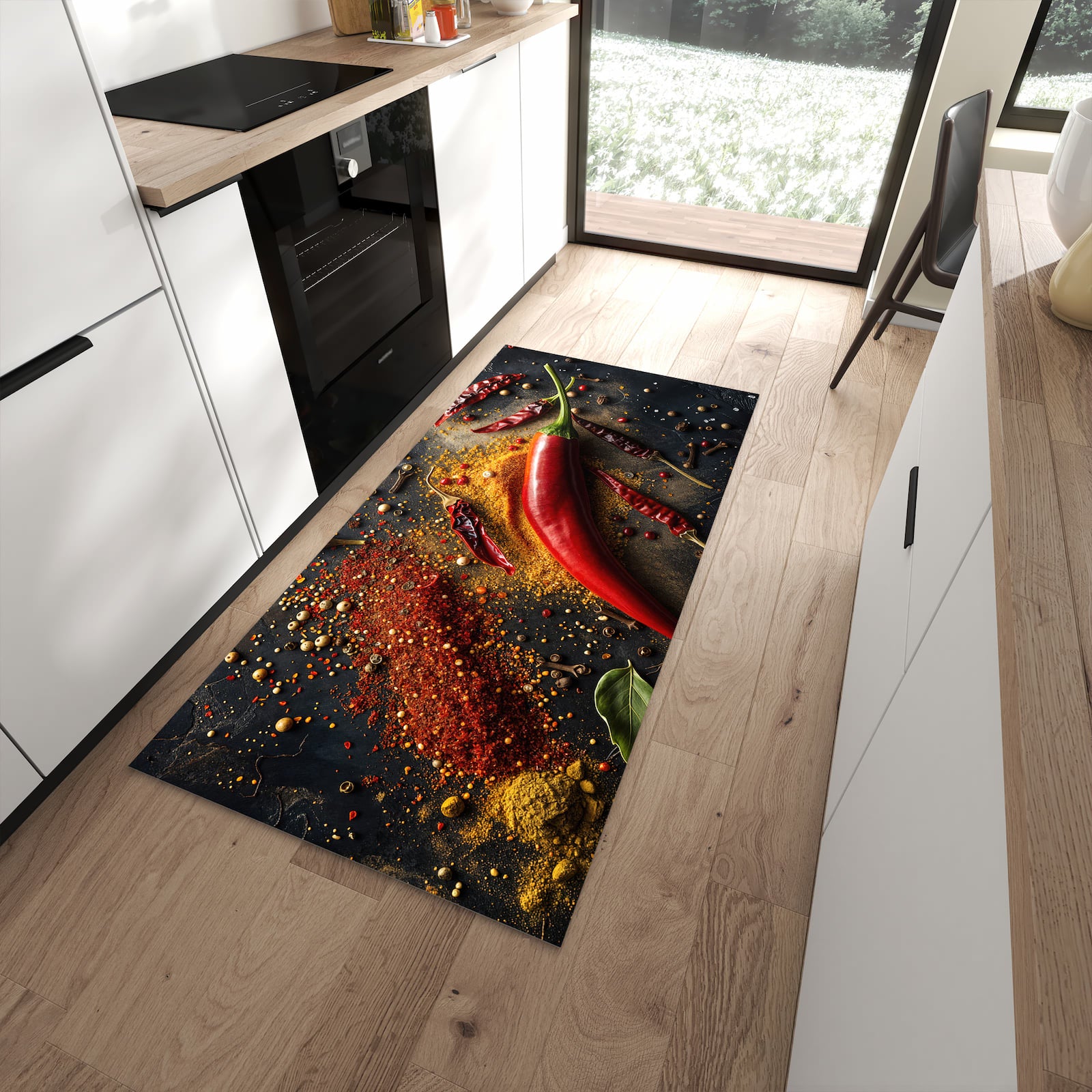 Ordnungsschaffender Küchenläufer mit Motiv Gewürzmischung ansicht in moderner Küche