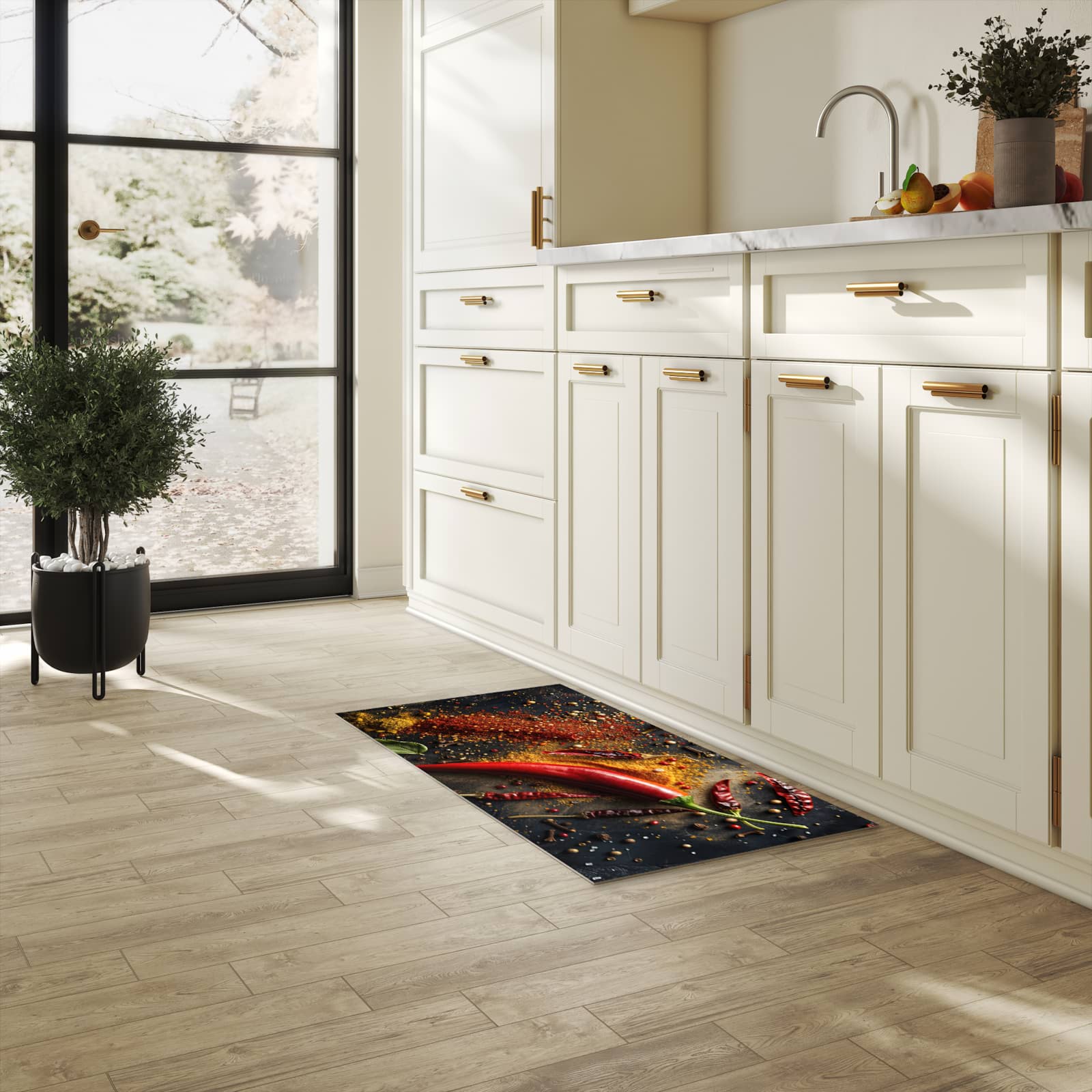 Geruchsneutraler Küchenläufer nach Maß mit Motiv Gewürzmischung ansicht in heller Küche