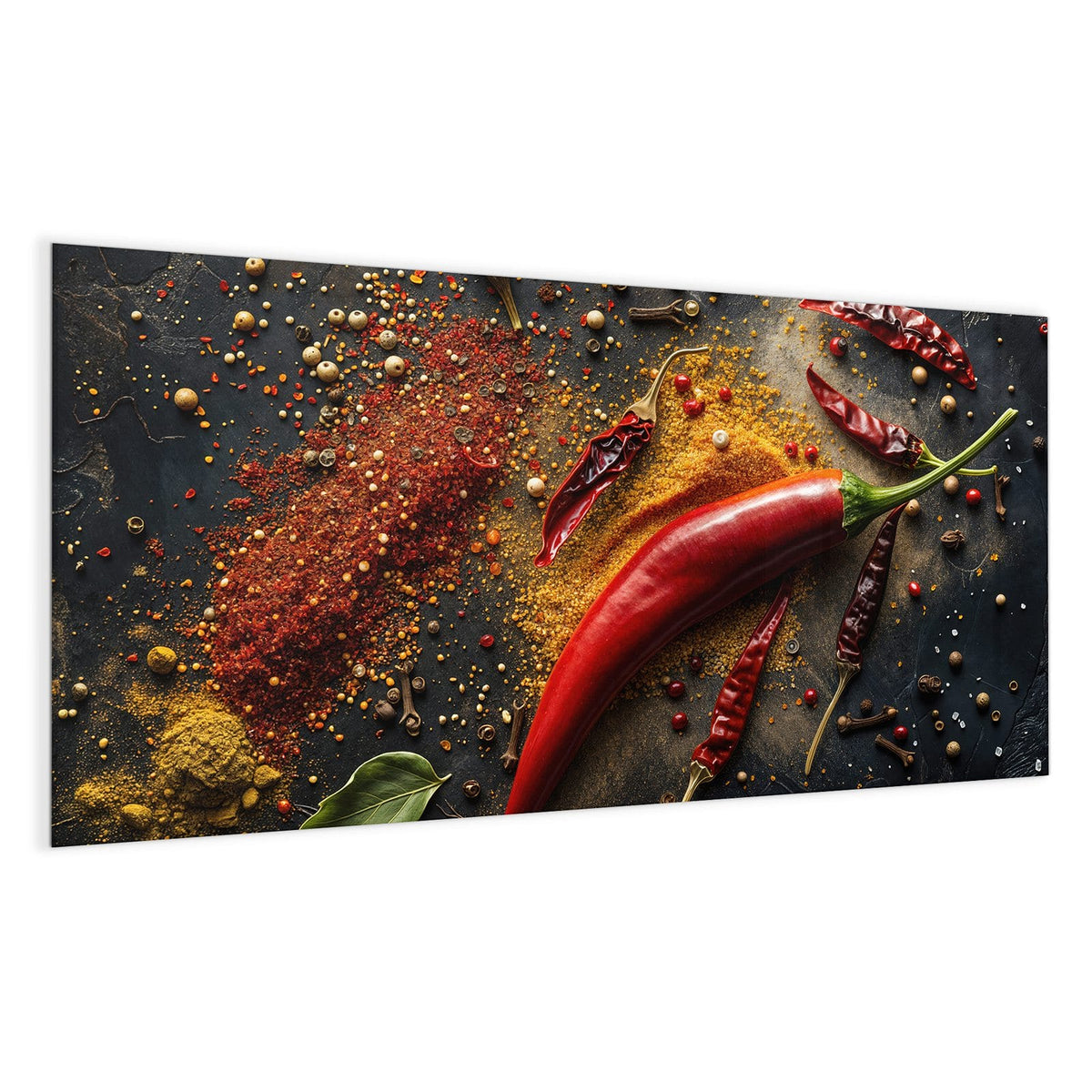 Große rote Chilischote und getrocknete Chilis auf dunklem Schiefer, dazu Gewürzpulver, Pfeffer und Nelken