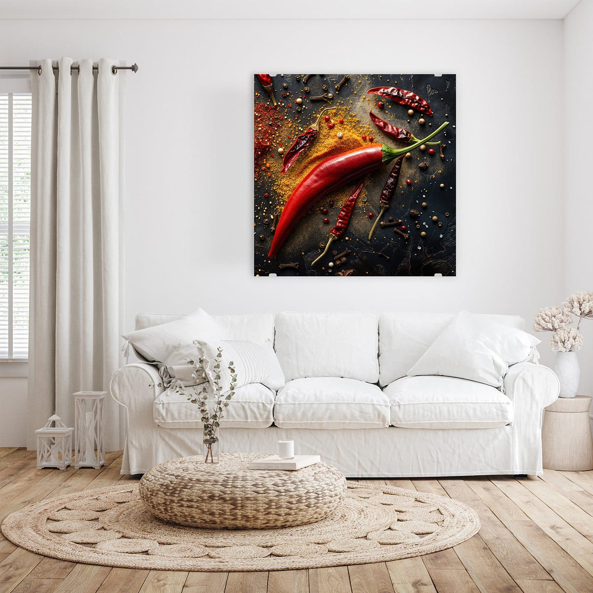 Glasbild Chili mit Gewürzen an der Wand – Große rote Chilischote und getrocknete Chilis auf dunklem Schiefer, dazu Gewürzpulver, Pfeffer und Nelken