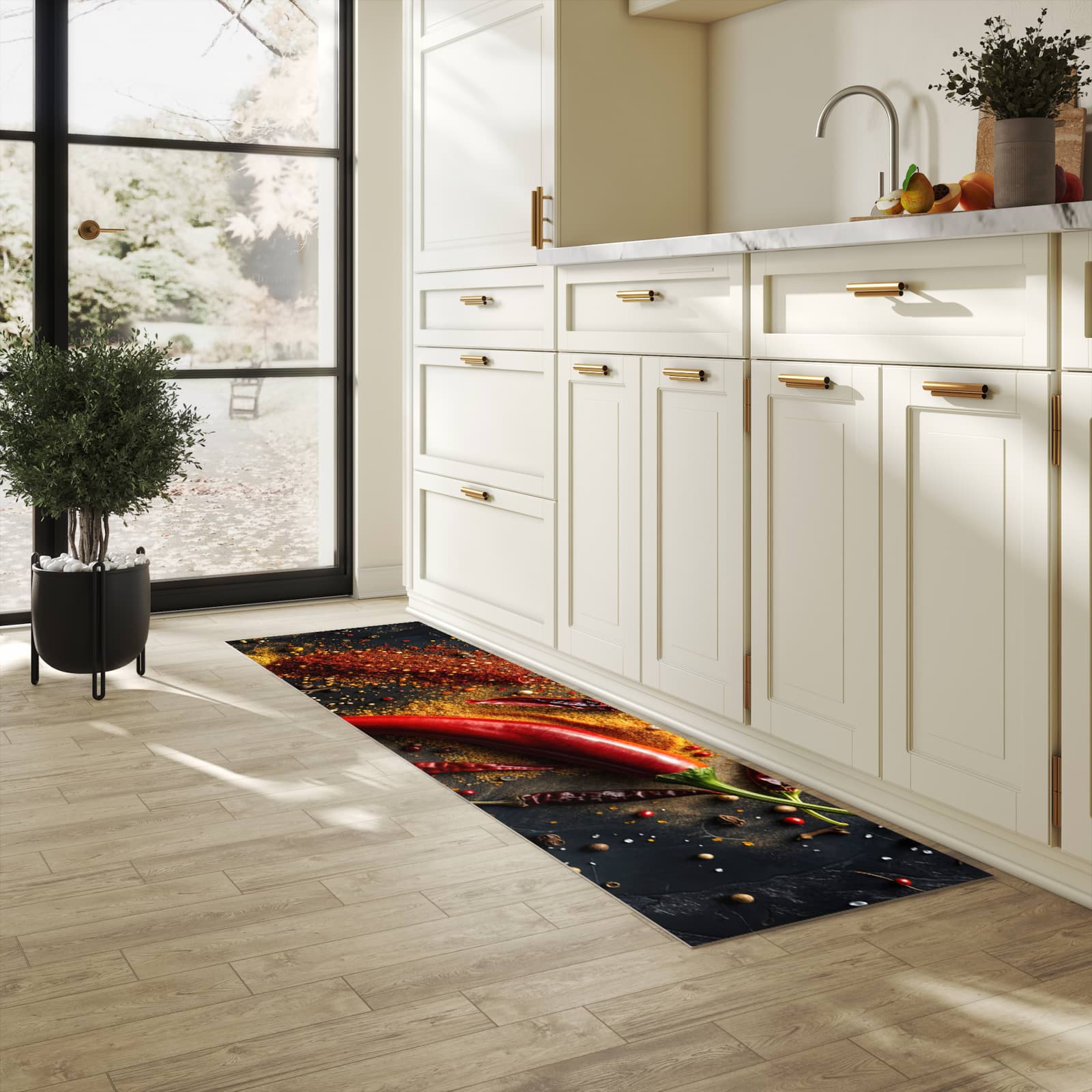 Pflegeleichter Küchenläufer mit Motiv Gewürzmischung ansicht in heller Küche