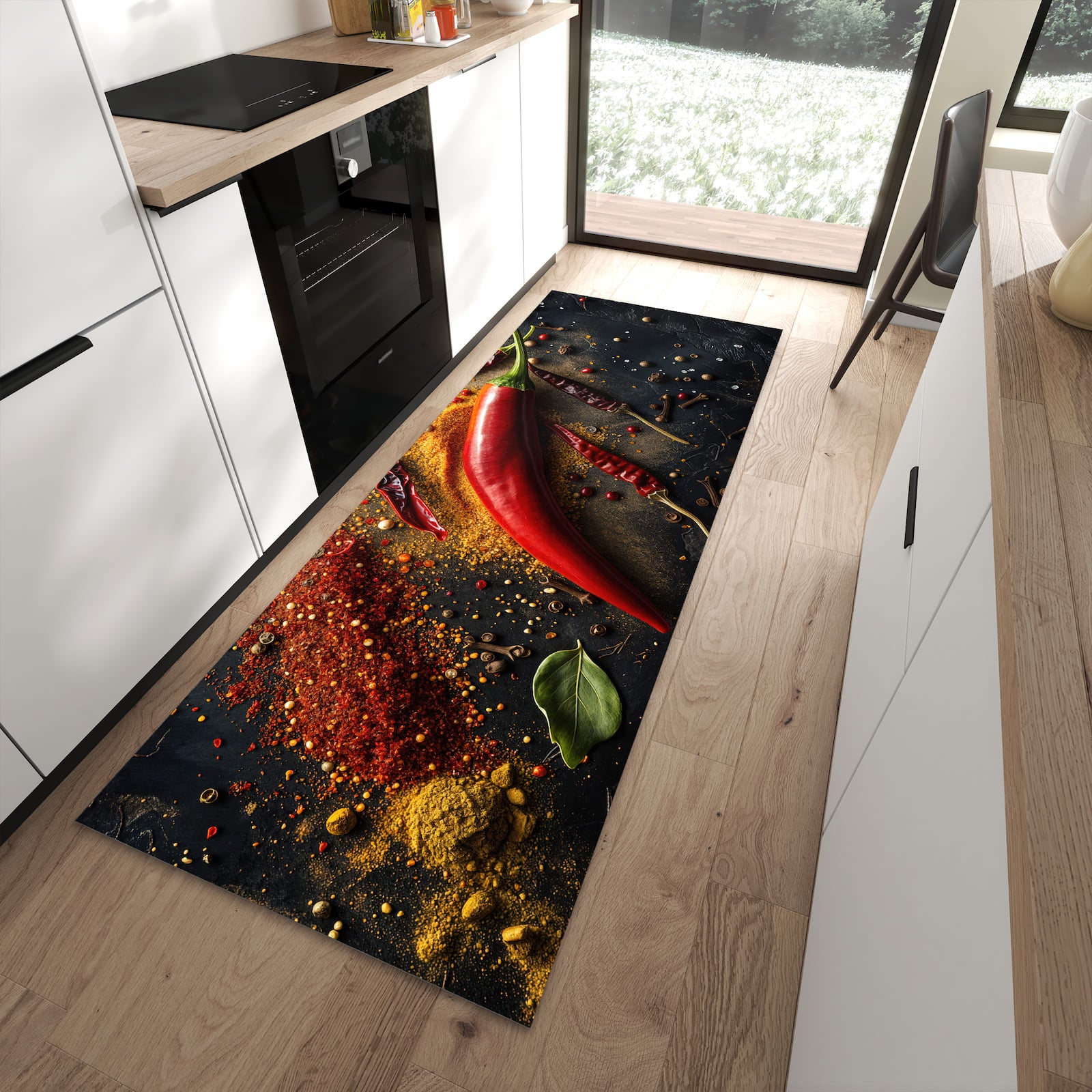 Bodenschonender Küchenläufer mit Motiv Gewürzmischung ansicht in moderner Küche