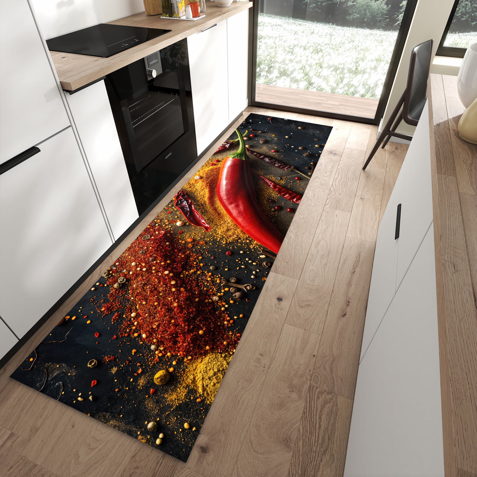 Feuchtigkeitsresistenter Küchenvorleger mit Motiv Gewürzmischung ansicht in moderner Küche