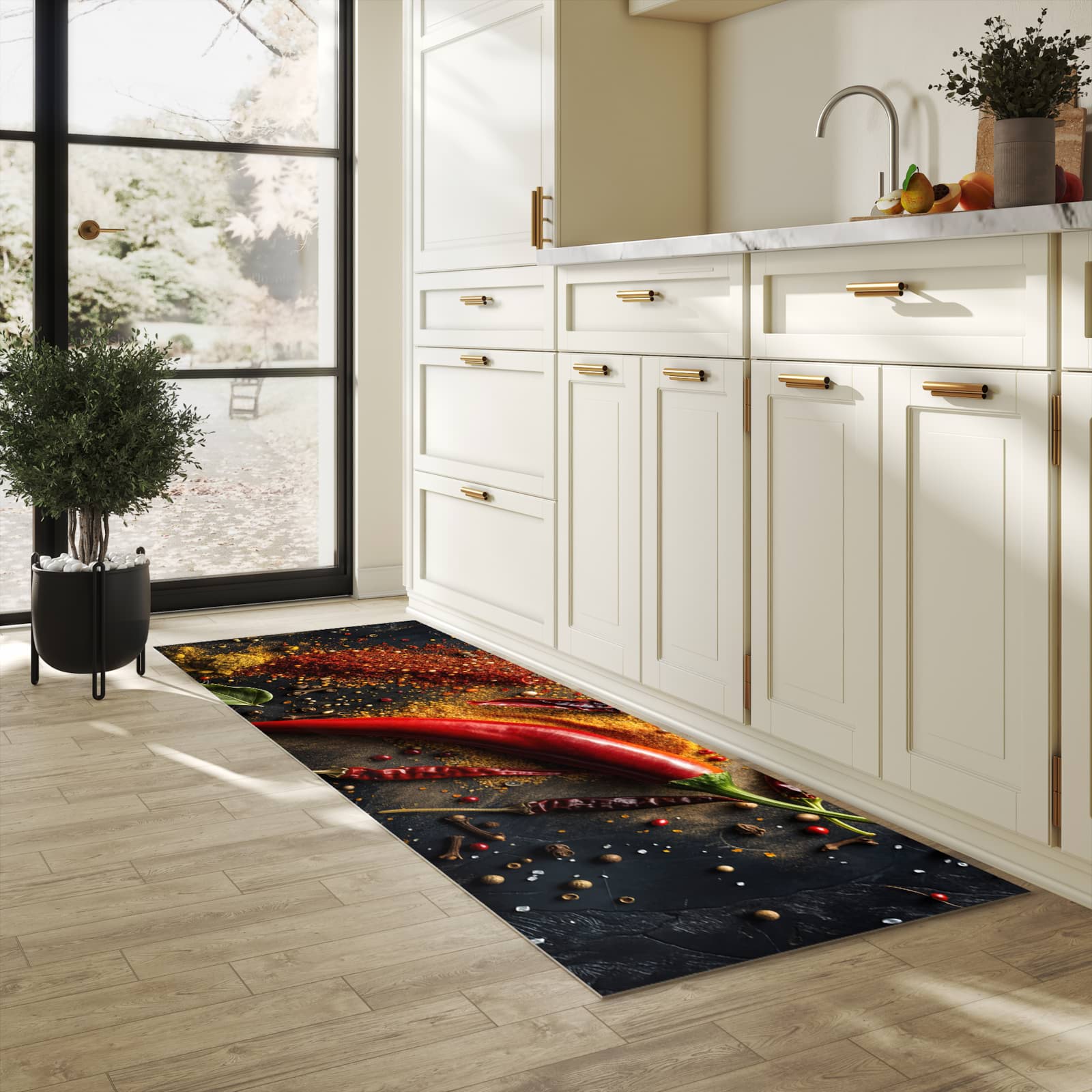 Hygienischer Küchenteppich mit Motiv Gewürzmischung ansicht in heller Küche