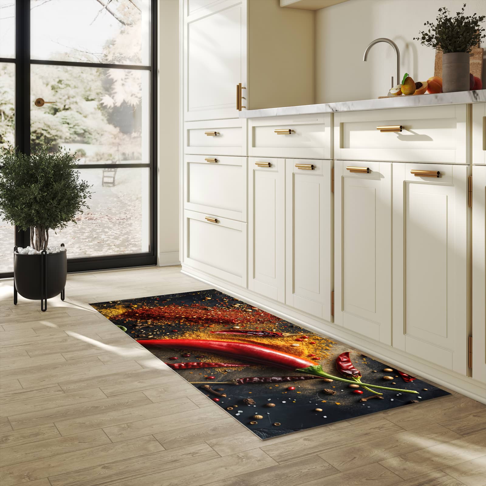 Küchenteppich mit Motiv Gewürzmischung ansicht für angenehme Haptik in heller Küche