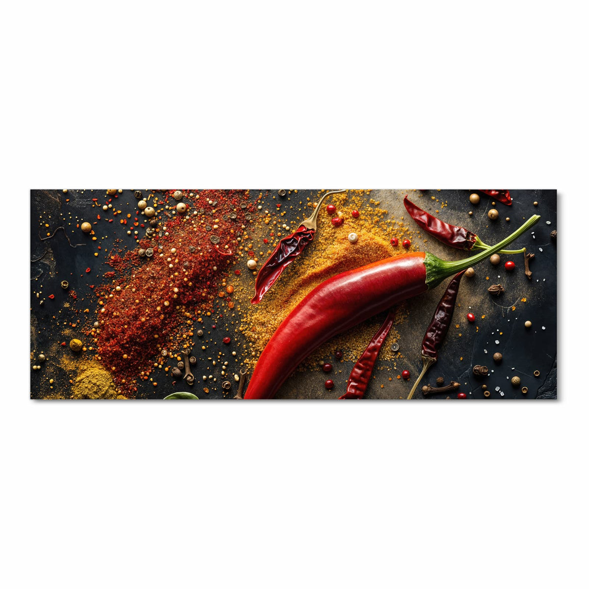 Große rote Chilischote und getrocknete Chilis auf dunklem Schiefer, dazu Gewürzpulver, Pfeffer und Nelken