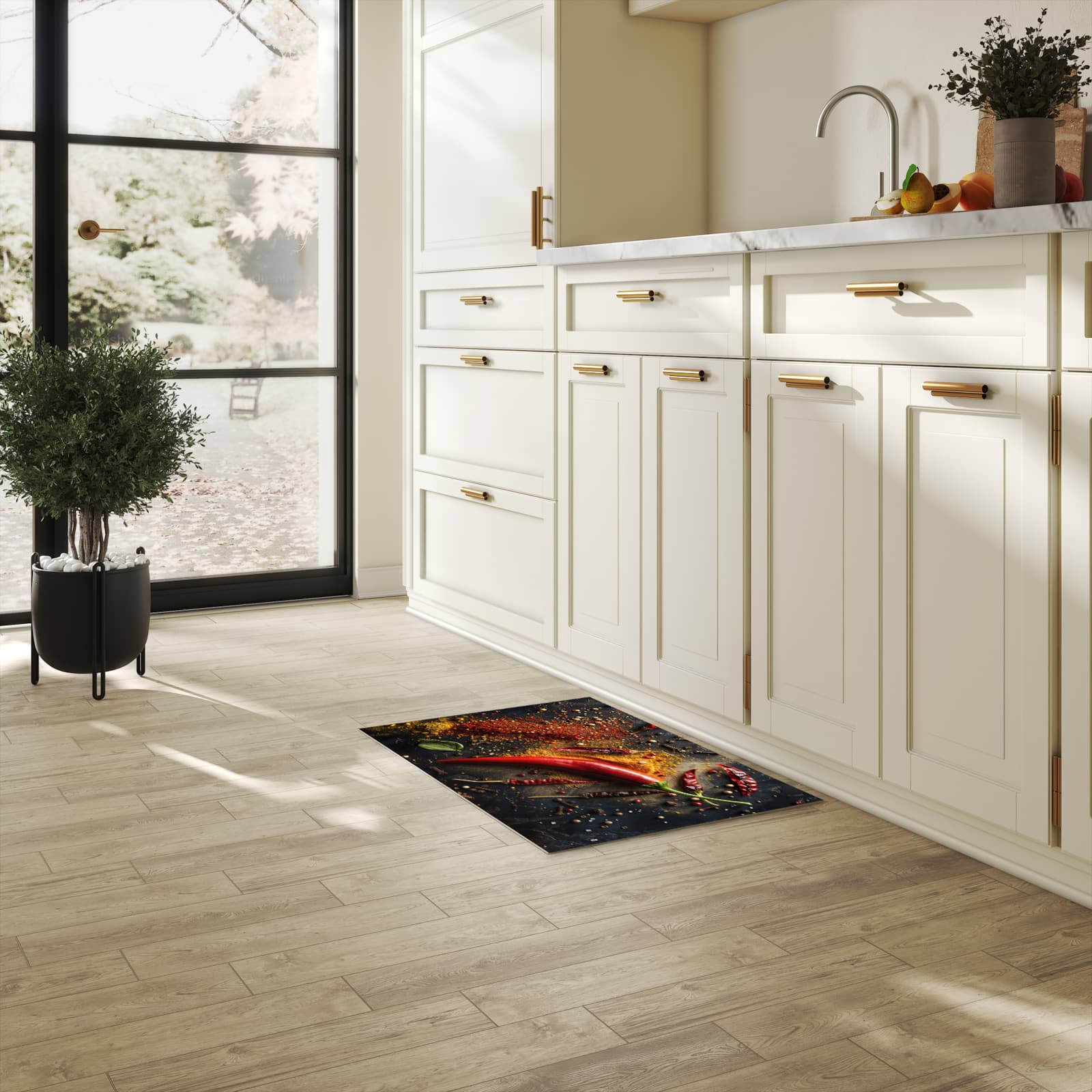 Pflegeleichter Küchenteppich mit Motiv Gewürzmischung ansicht in heller Küche