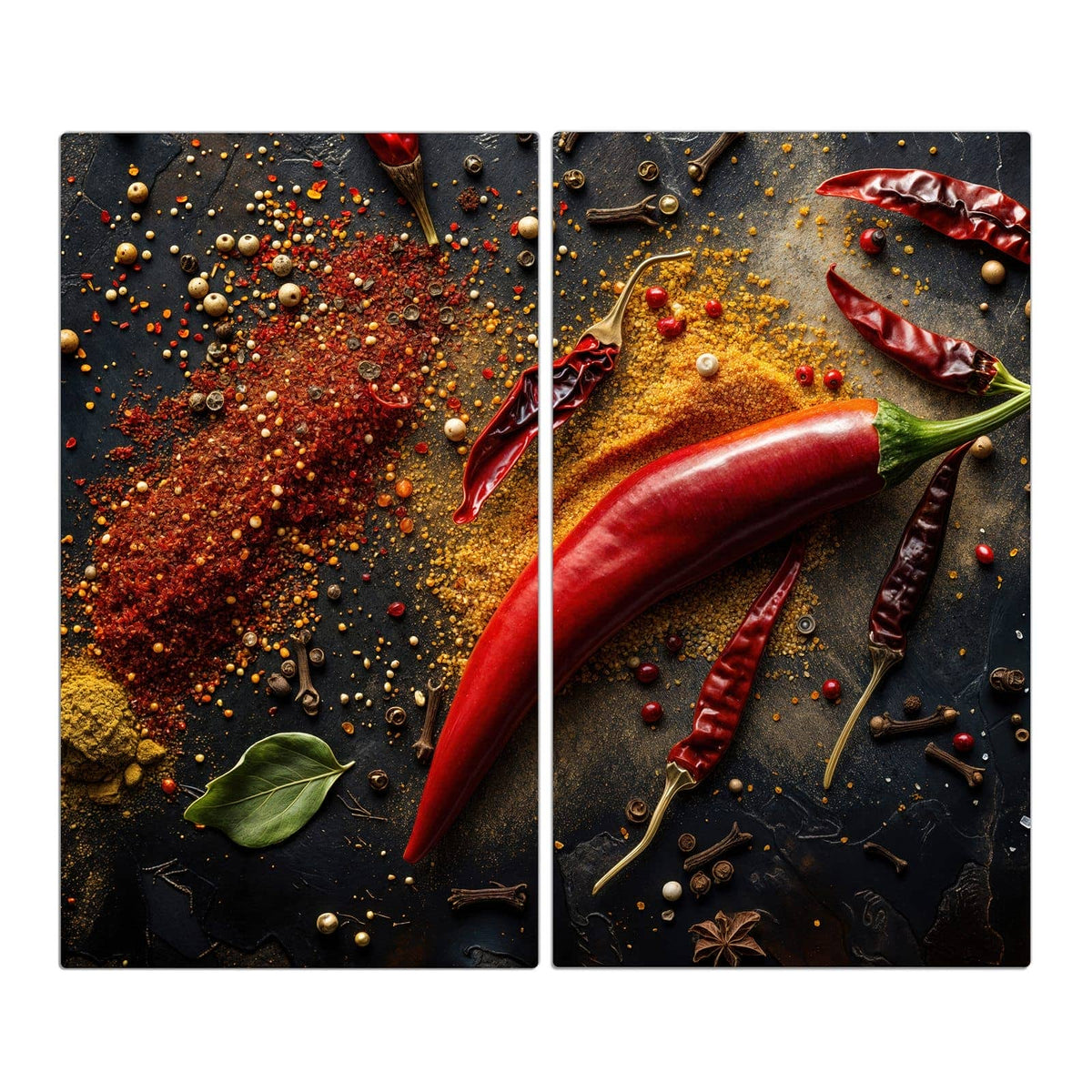 Große rote Chilischote und getrocknete Chilis auf dunklem Schiefer, dazu Gewürzpulver, Pfeffer und Nelken