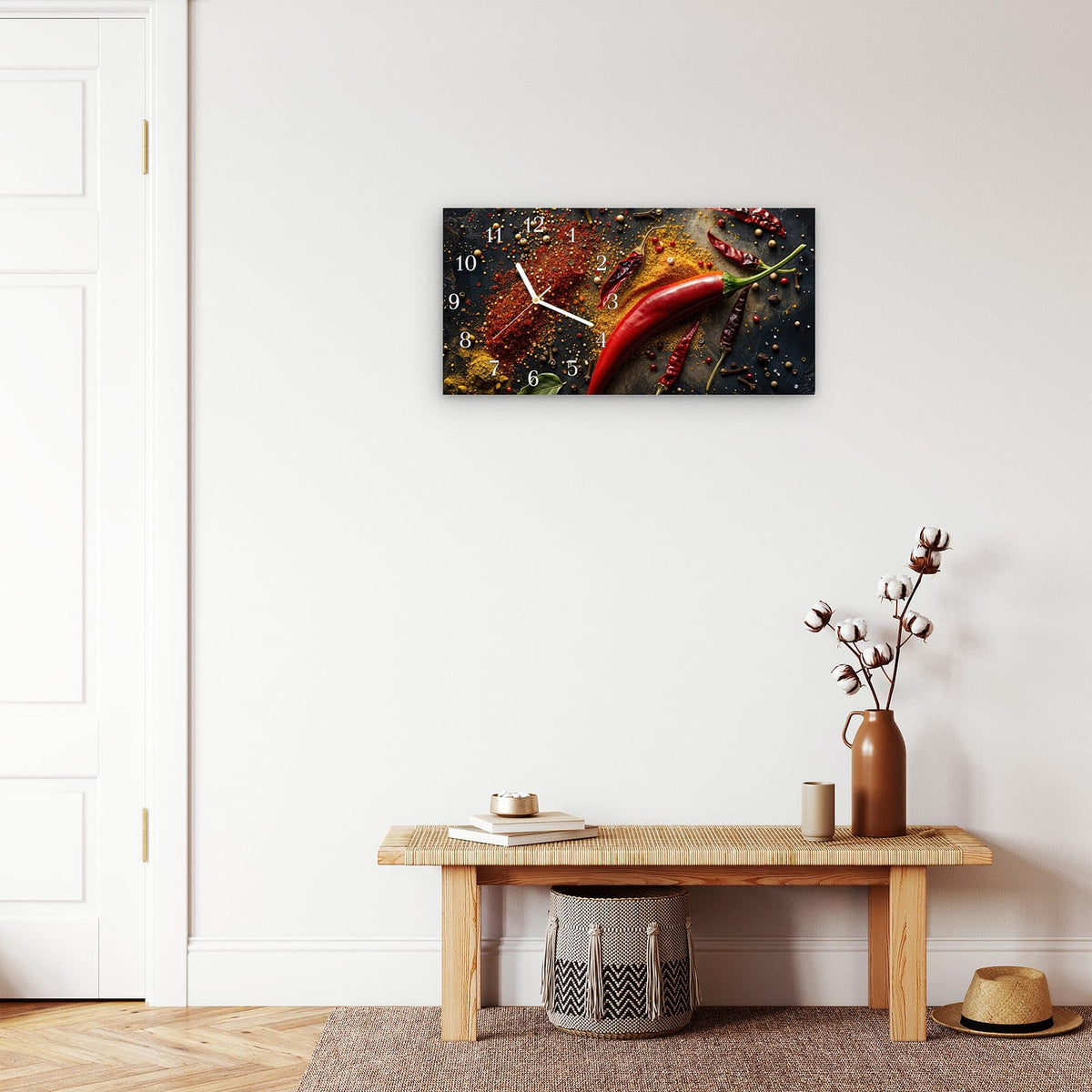 Moderne Wanduhr aus Glas mit Farbtiefe – Wanduhr Gewürzmischung Ansicht aus Glas – Querformat 60 × 30 cm